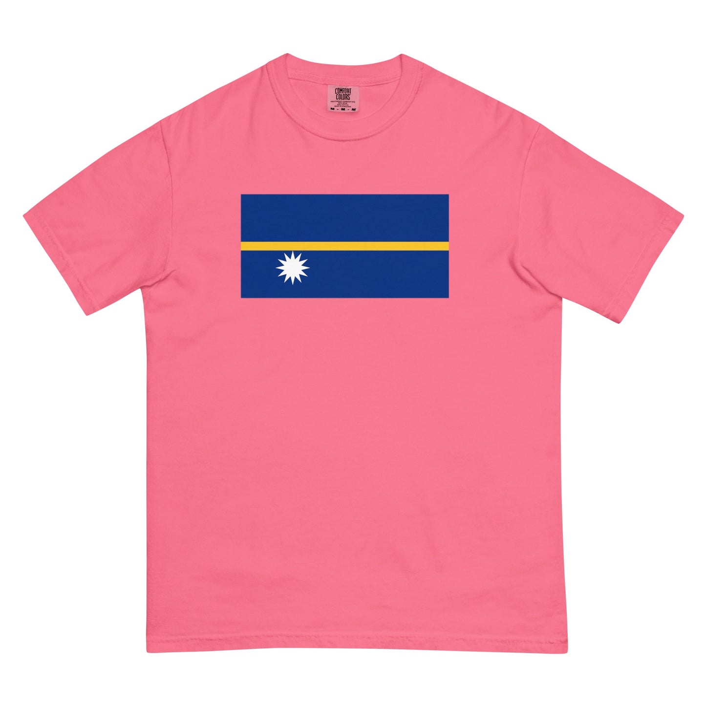 Flat lay of brick Nauru flag tee, medium size