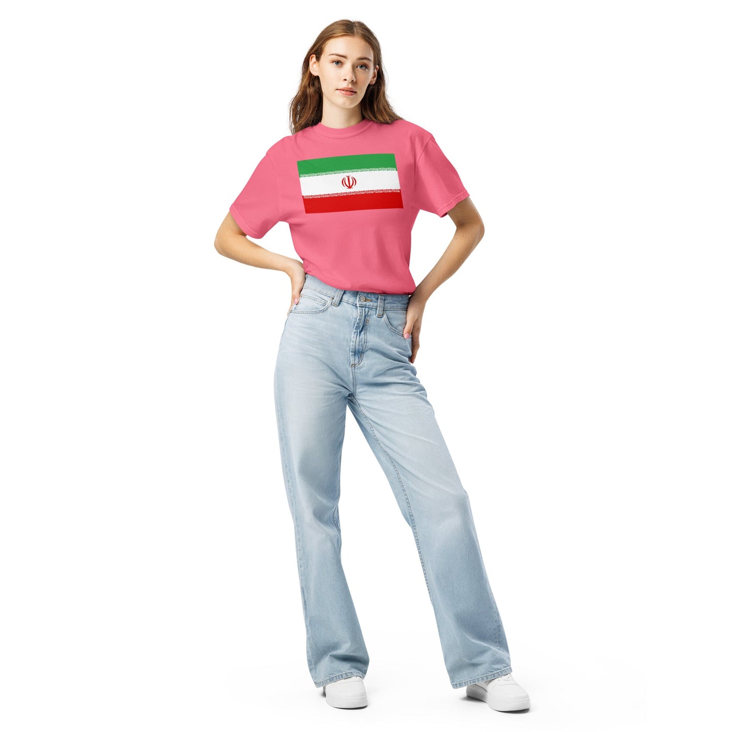 Stylish Iran flag t-shirt laid flat, medium, true navy