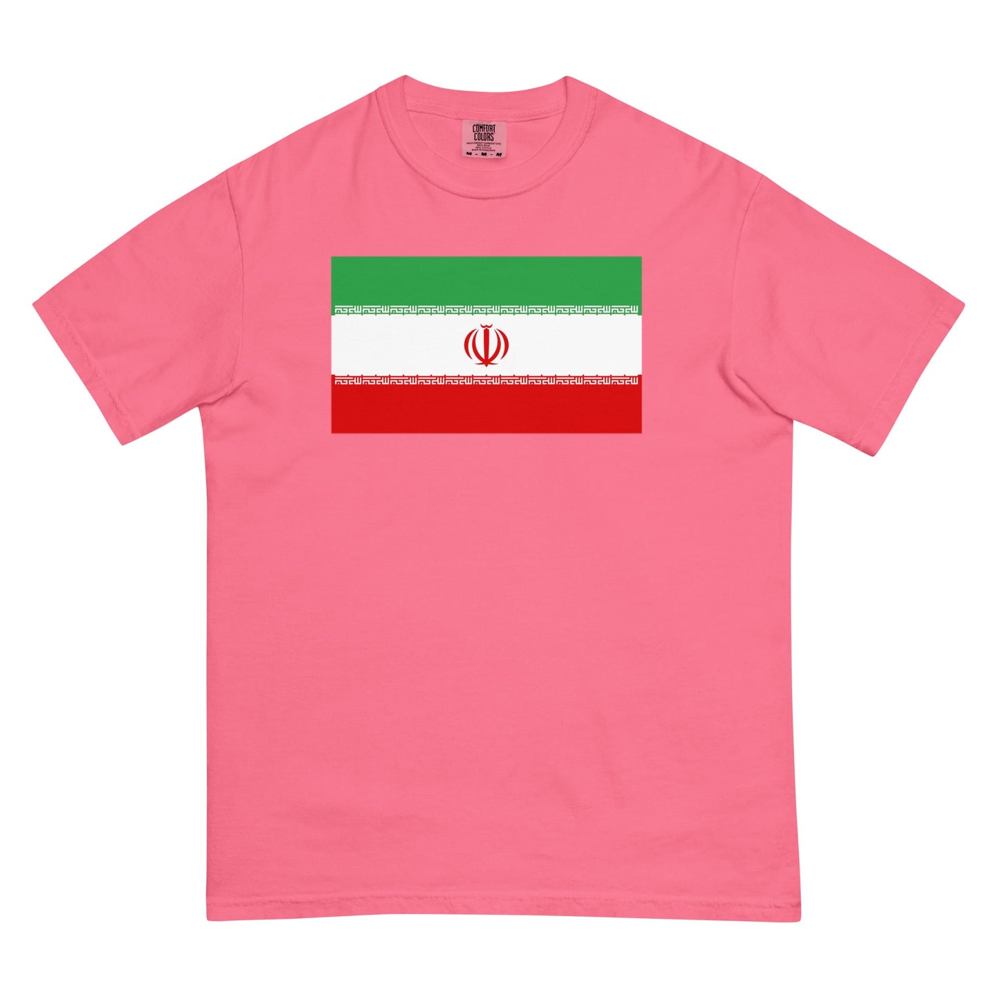 Stylish Iran flag t-shirt laid flat, small, paprika