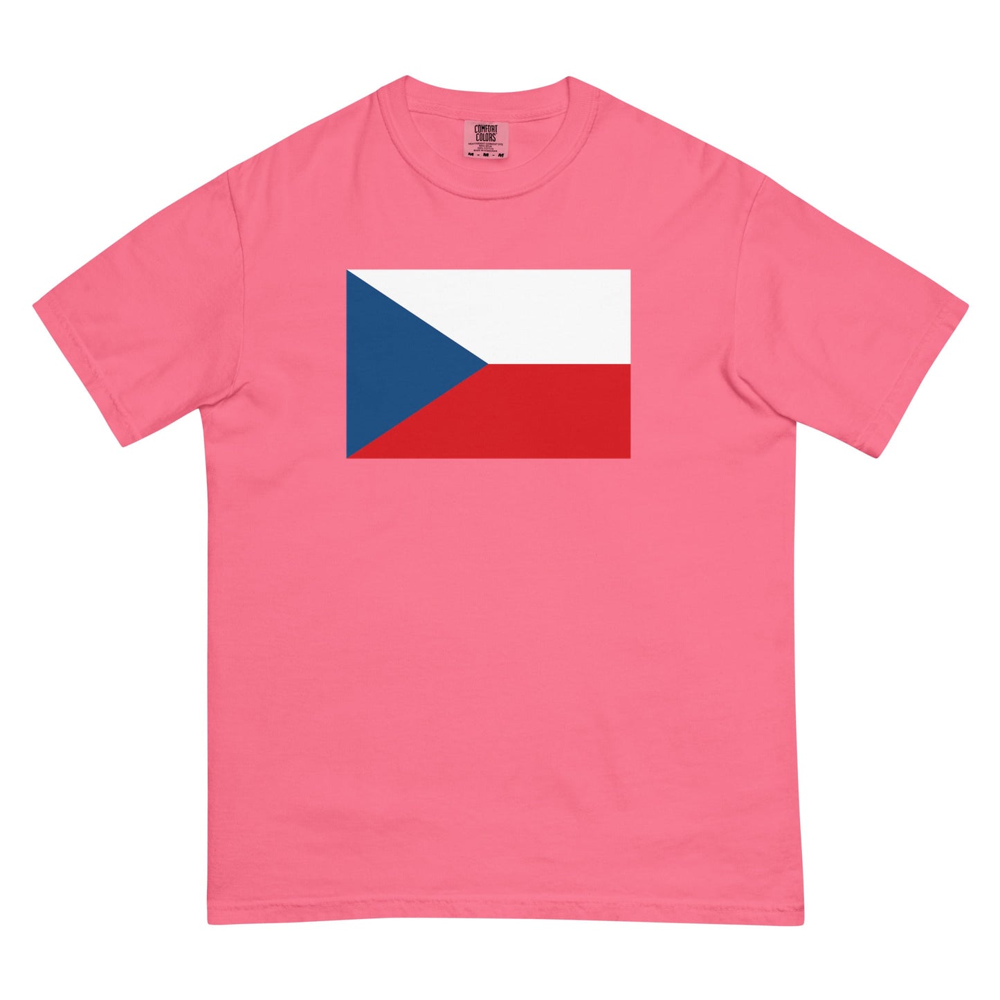 Flat lay of crimson Czechia Czech Republic flag tee, large size