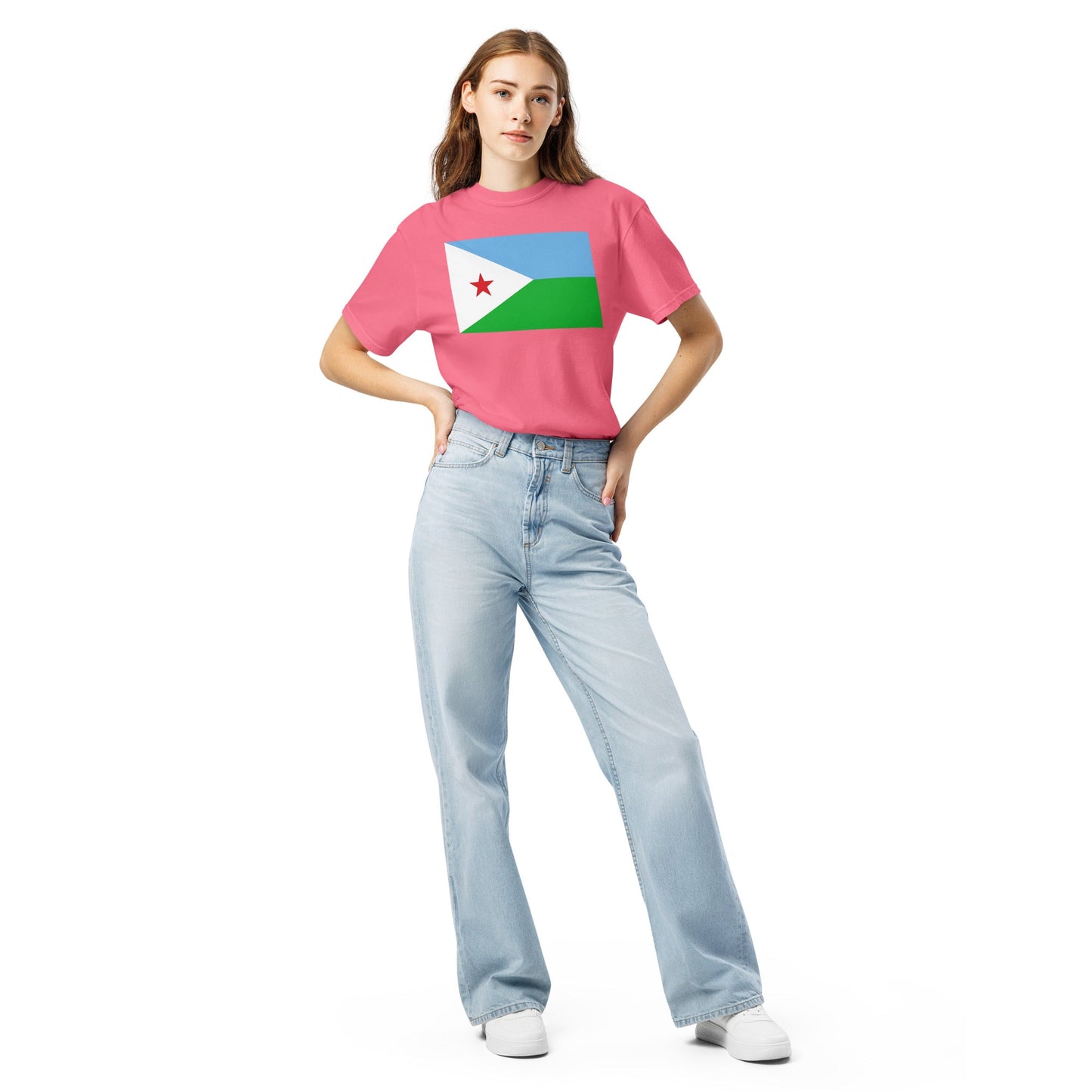 Flat lay of red Djibouti flag tee, extra large size