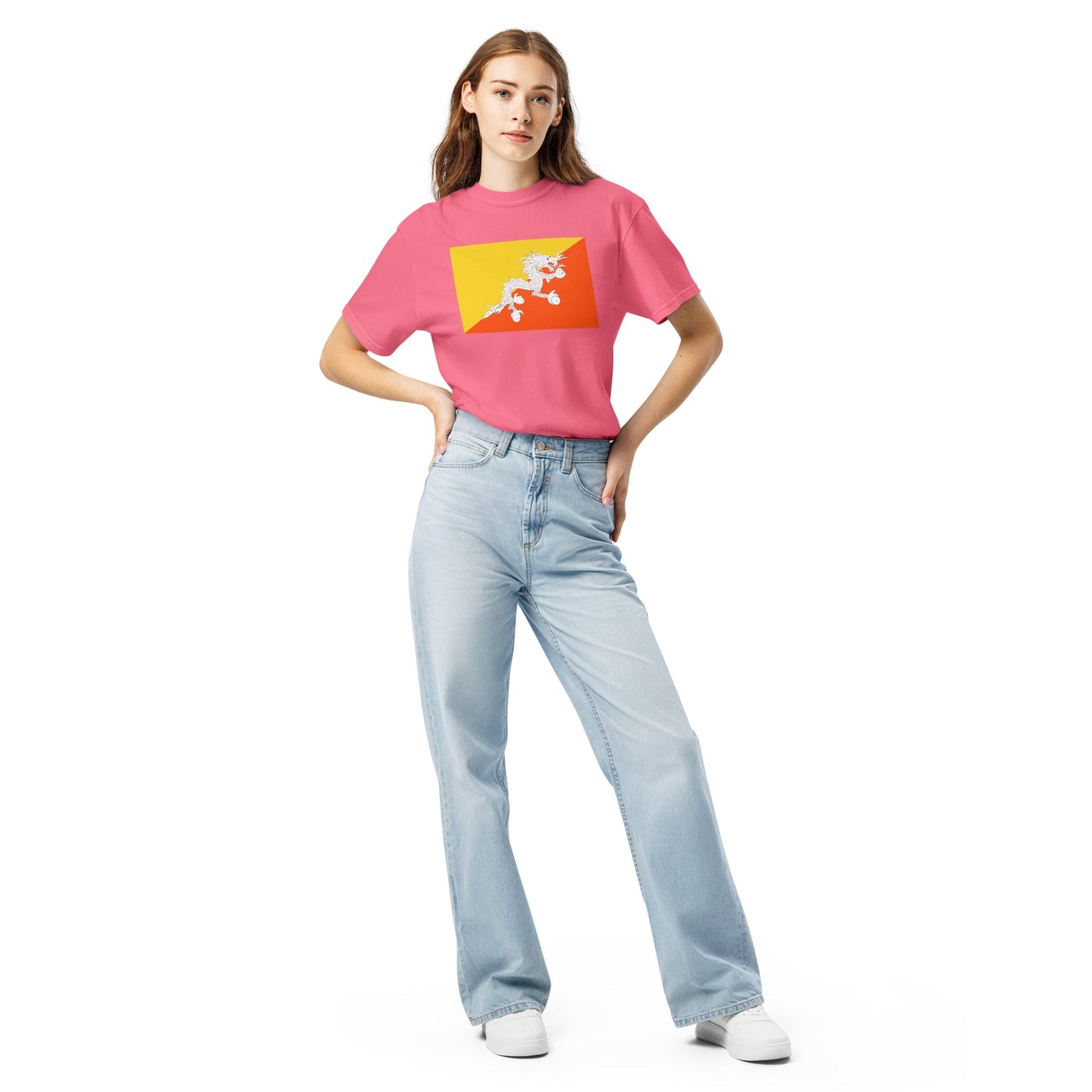 Flag tee representing Bhutan in red, 2X large