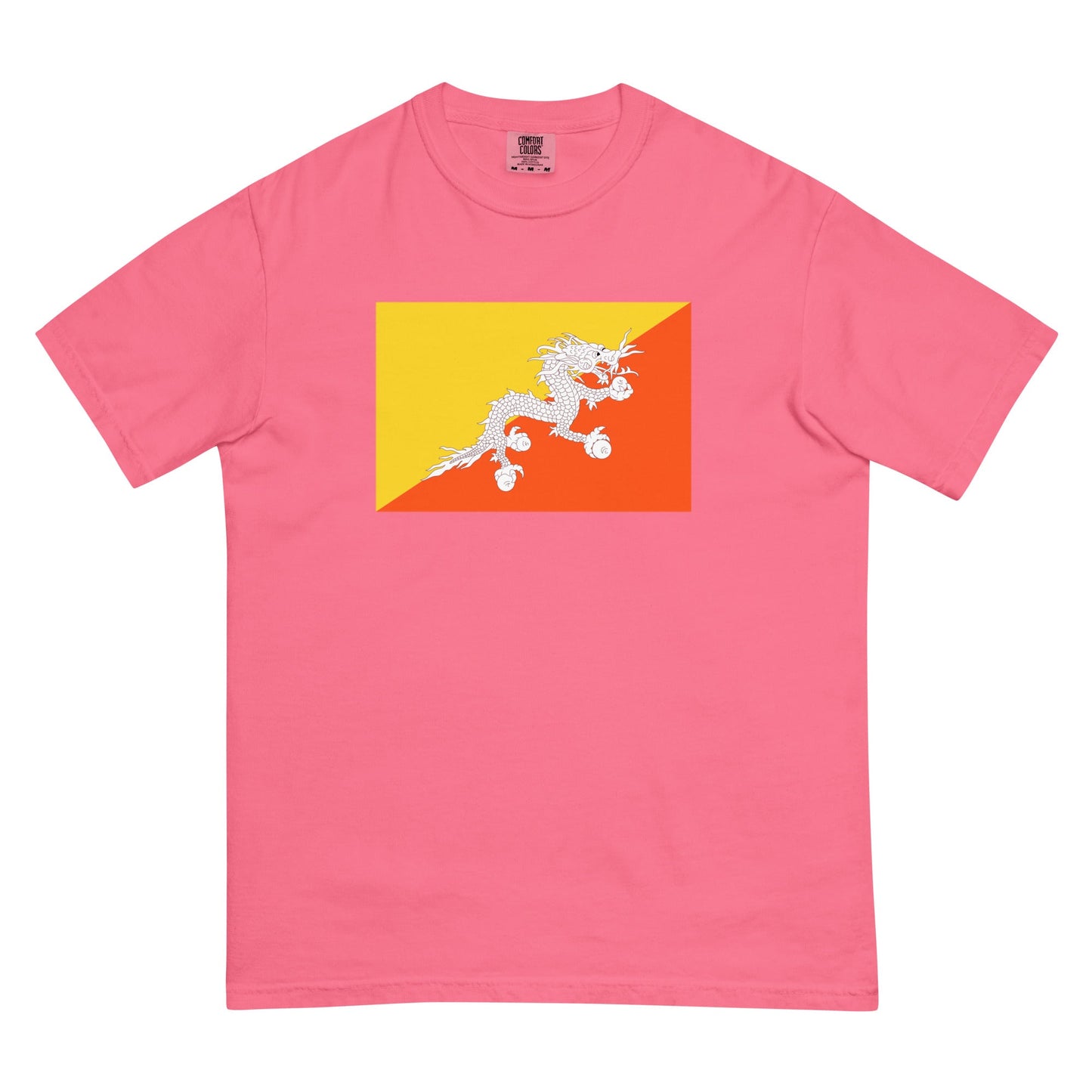 Stylish Bhutan flag t-shirt laid flat, large, yam