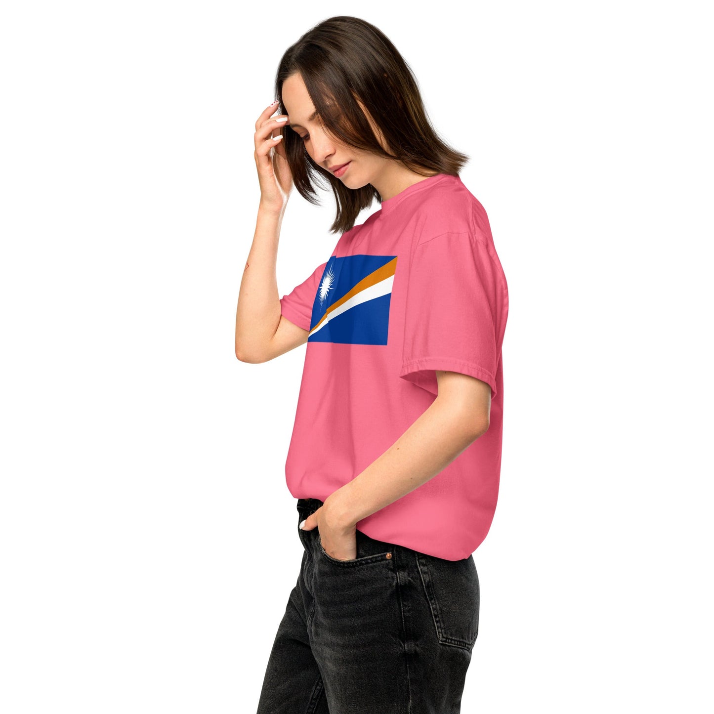 Stylish Marshall Islands flag t-shirt laid flat, 3X large, black