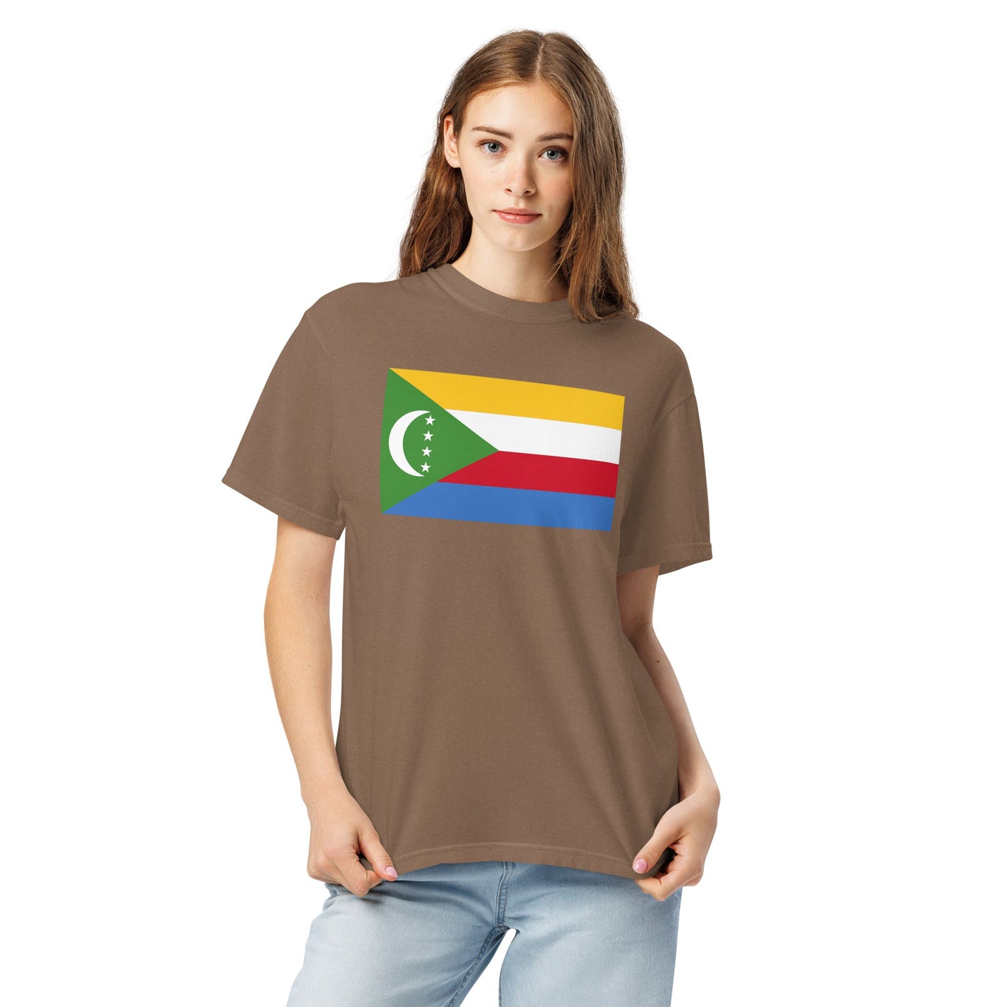 Stylish Comoros flag t-shirt laid flat, extra large, red