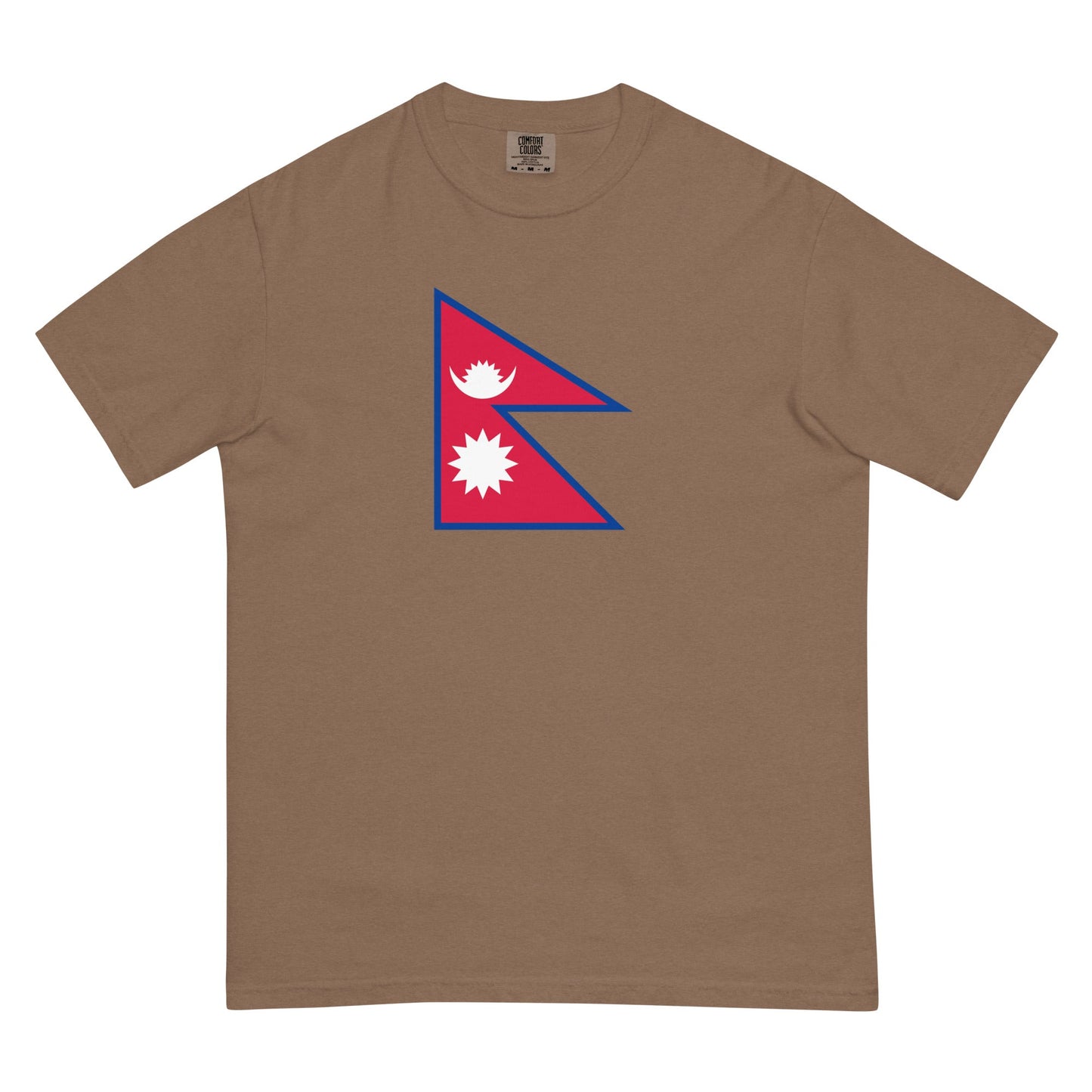Stylish Nepal flag t-shirt laid flat, medium, true navy