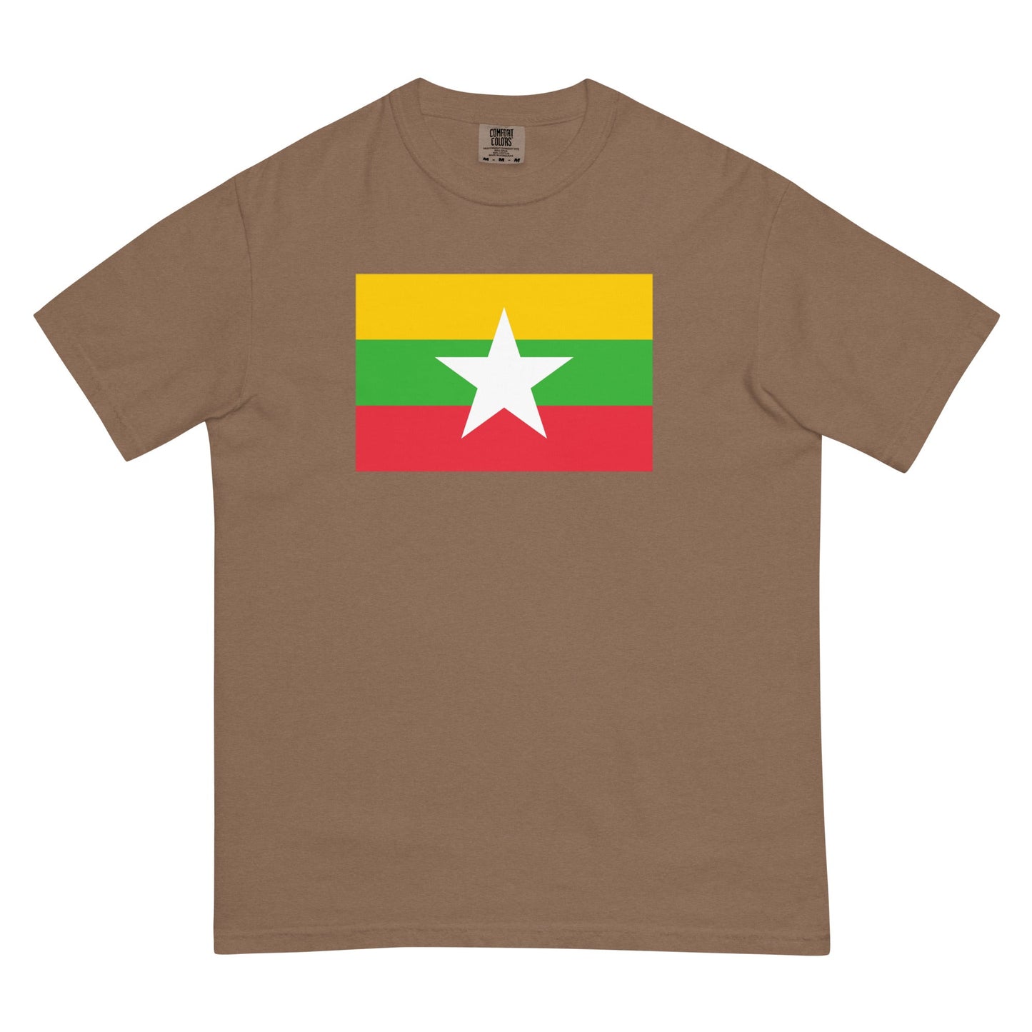 Stylish Myanmar Burma flag t-shirt laid flat, medium, hemp