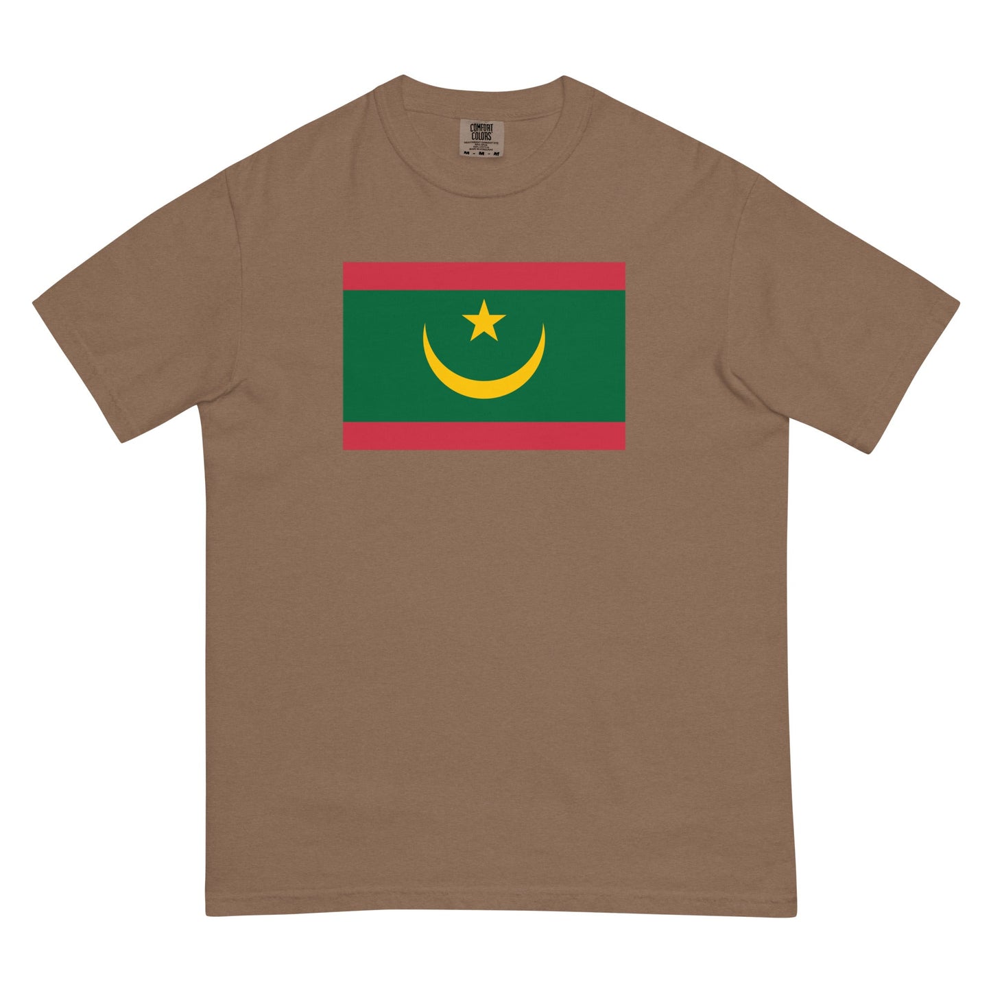 Flat lay of brick Mauritania flag tee, small size