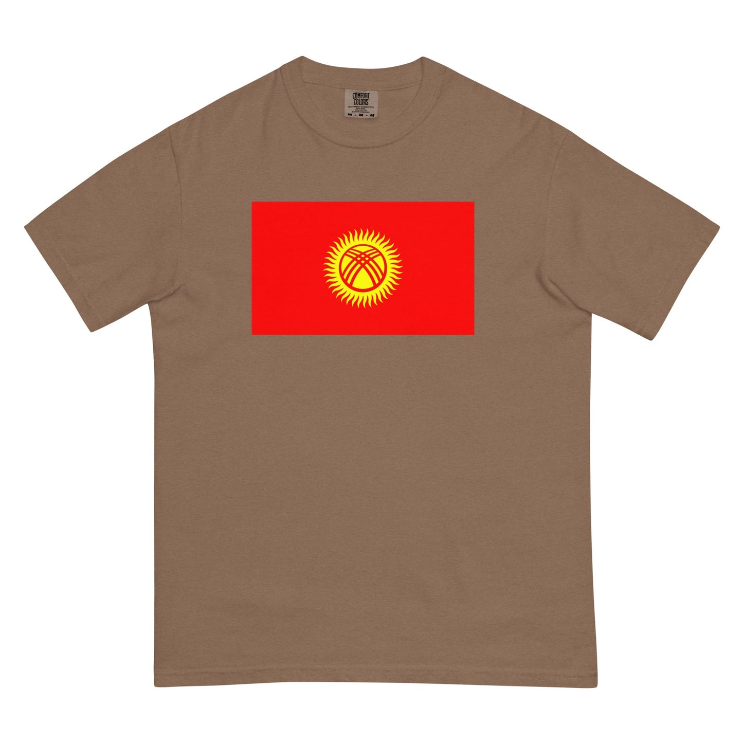 Stylish Kyrgyzstan flag t-shirt laid flat, small, berry