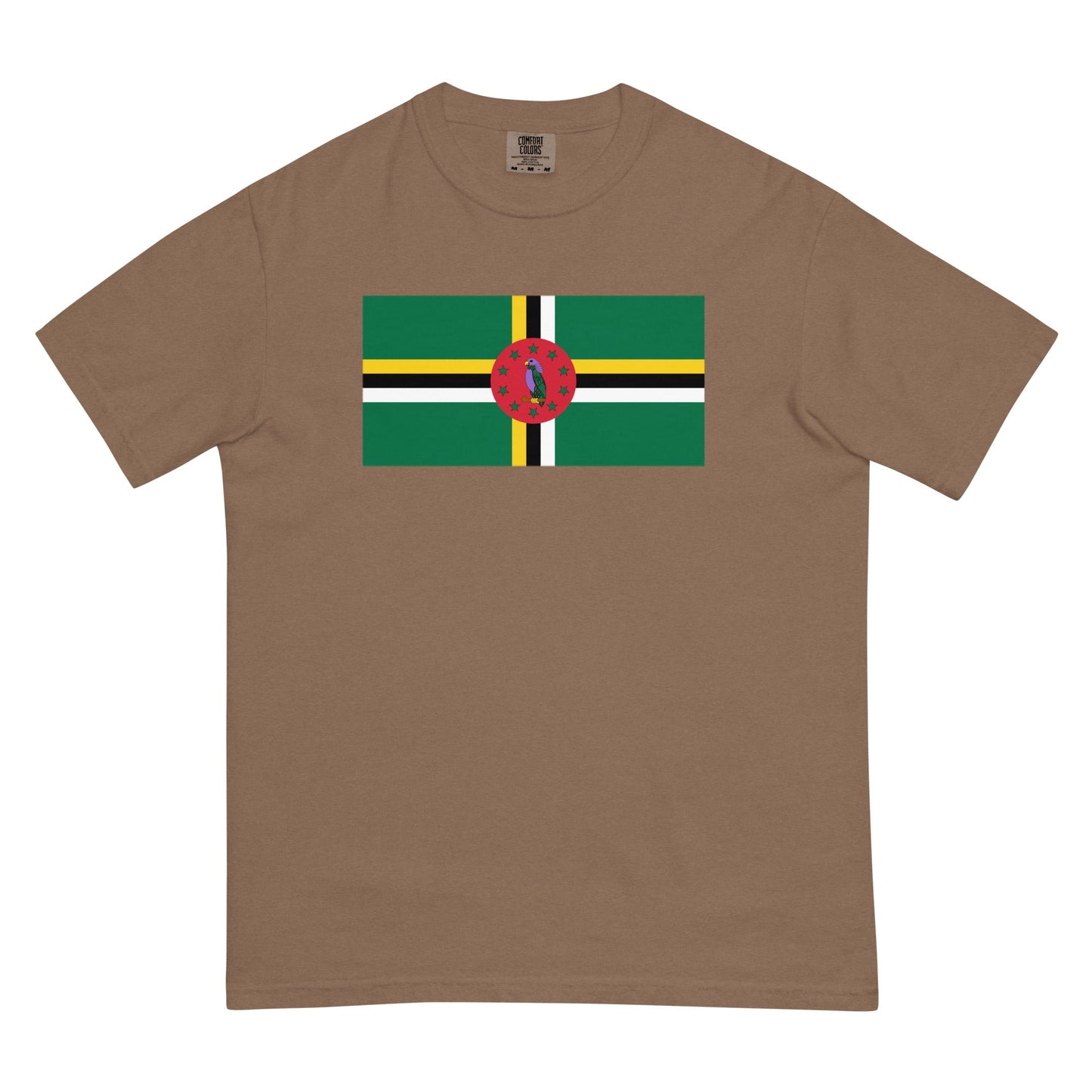 Flat lay of blue spruce Dominica 1 flag tee, 3X large size