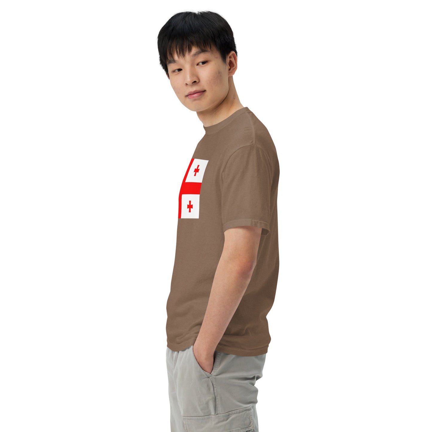 Stylish Georgia flag t-shirt laid flat, 2X large, red