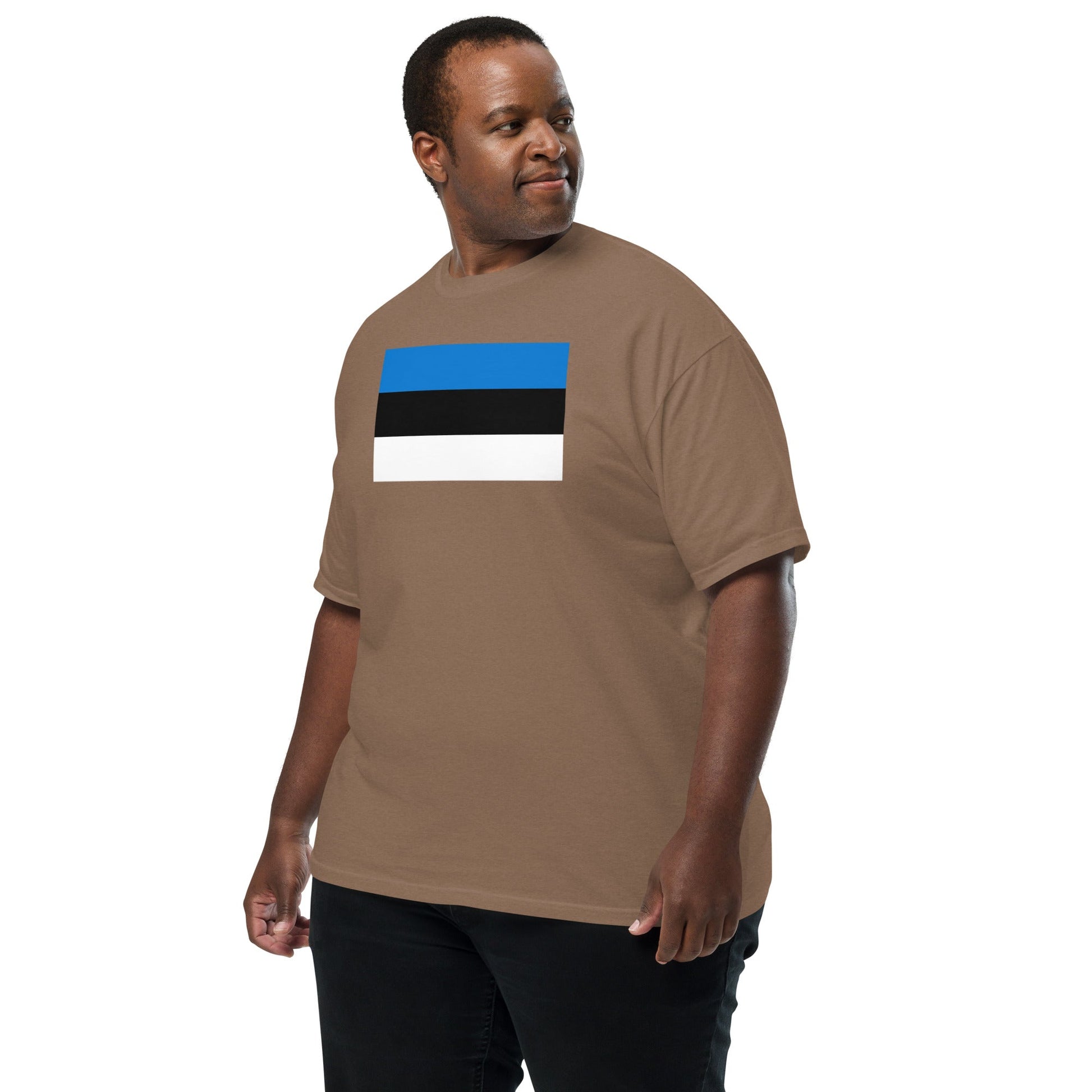 Flat lay of navy Estonia flag tee, medium size