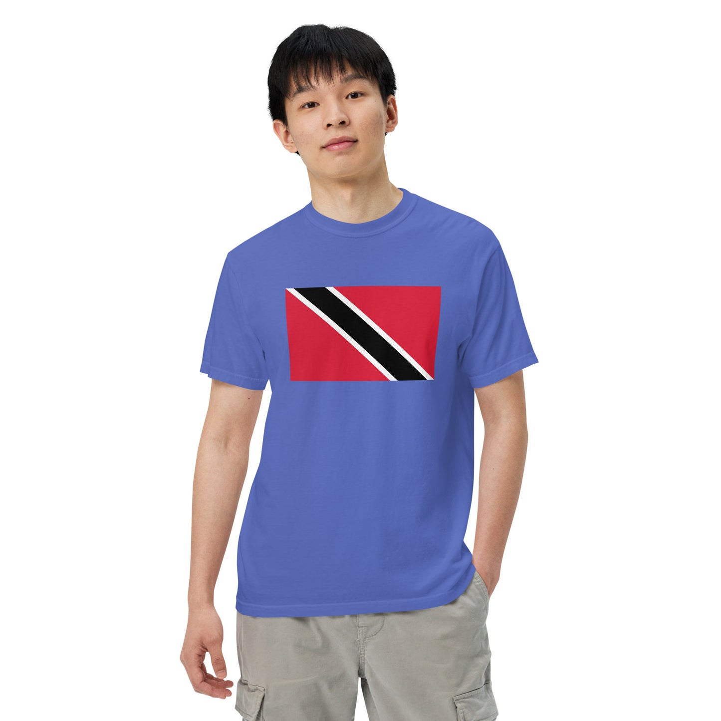 Stylish Trinidad flag t-shirt laid flat, large, mustard