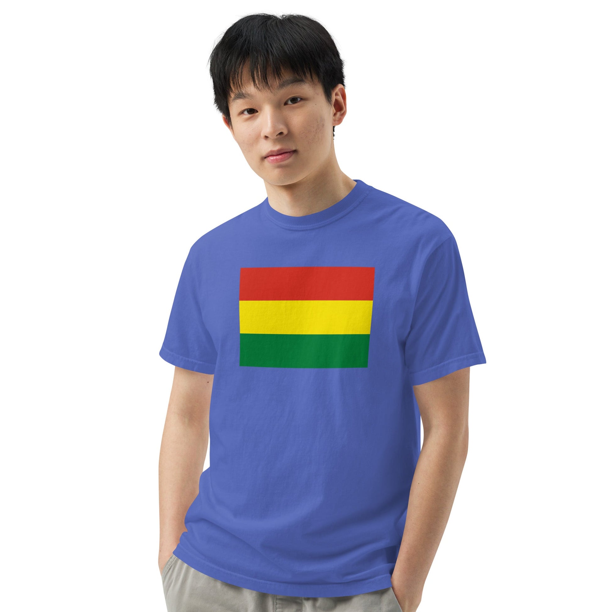 Stylish Bolivia flag t-shirt laid flat, extra large, true navy