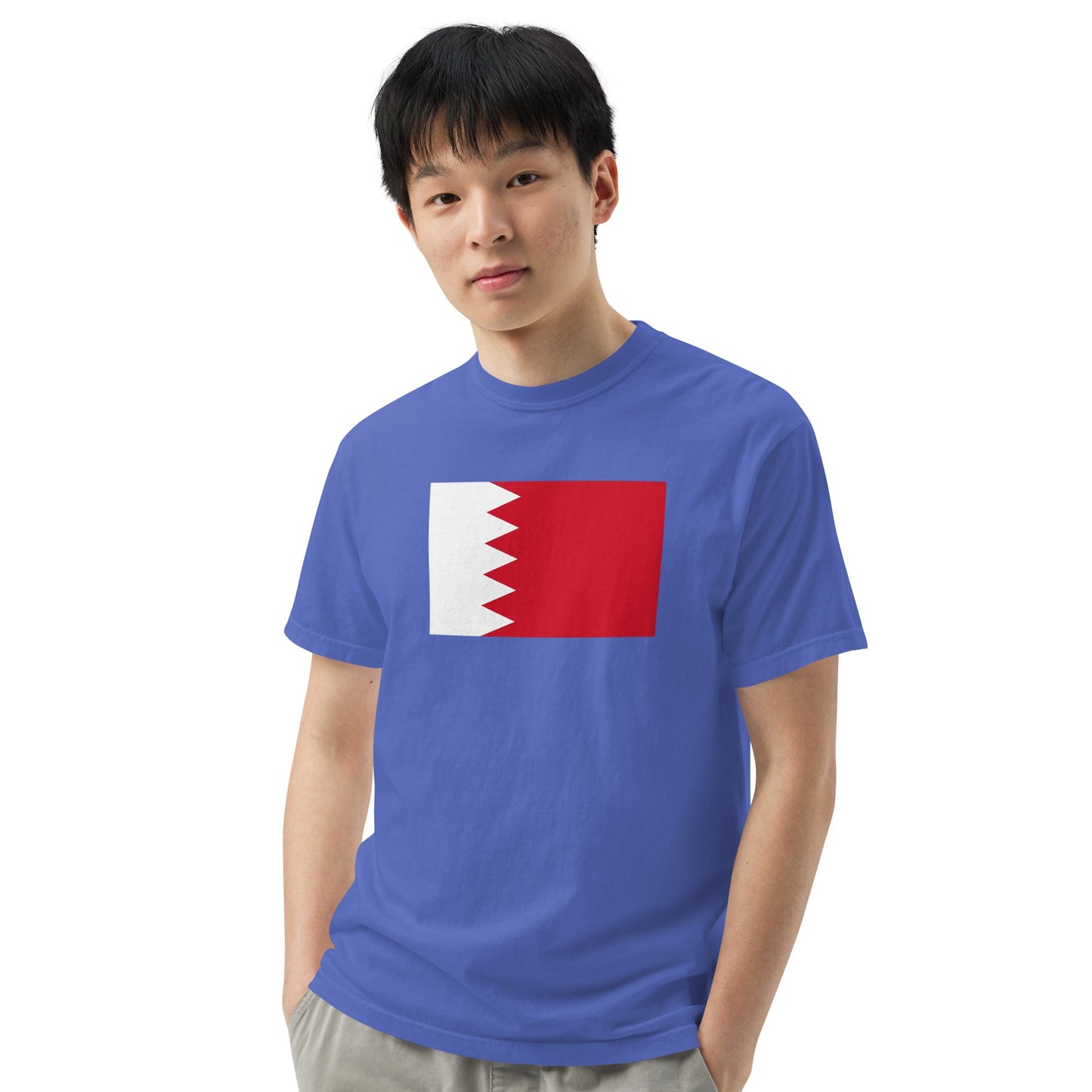 Stylish Bahrain flag t-shirt laid flat, small, blue spruce