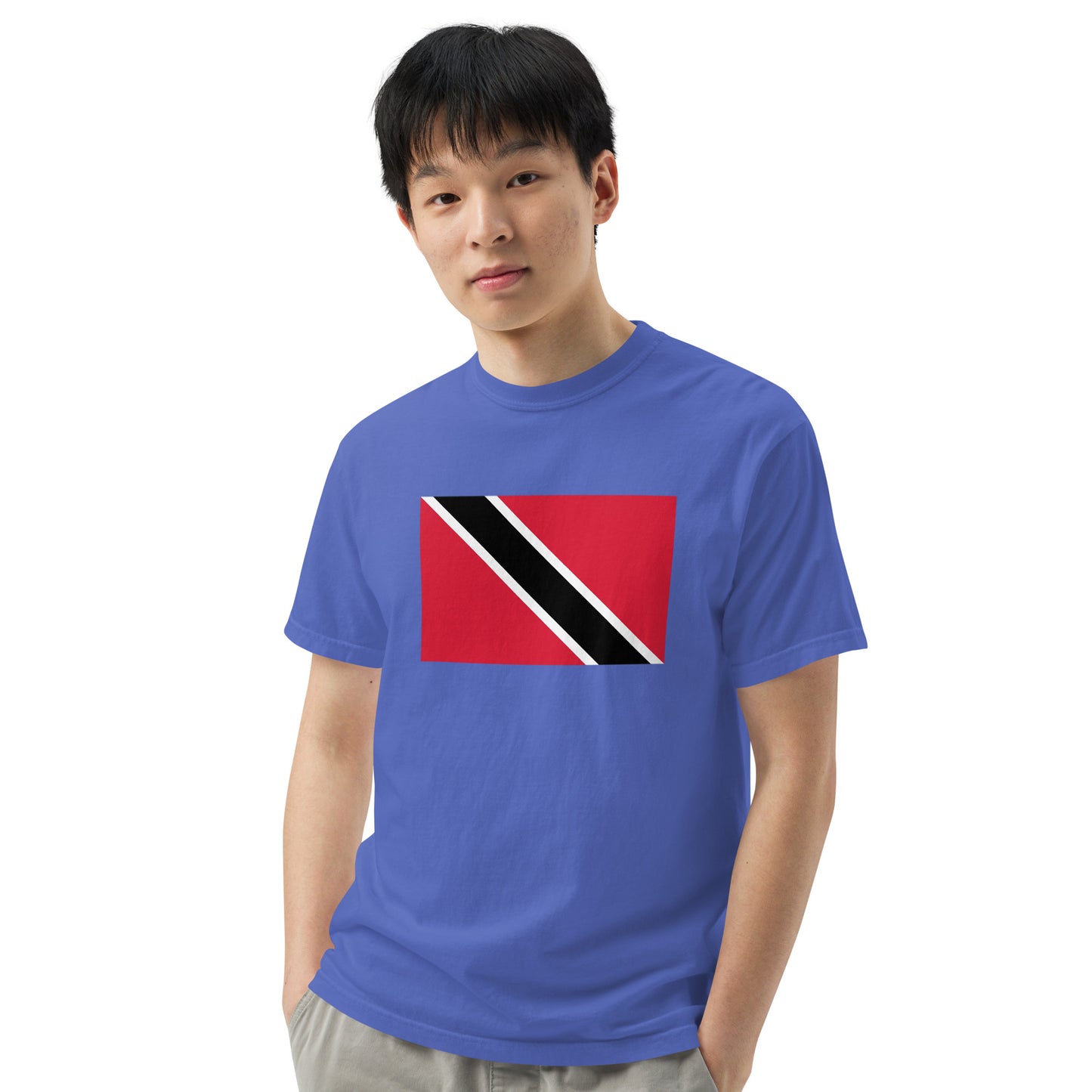 Stylish Trinidad flag t-shirt laid flat, extra large, mustard