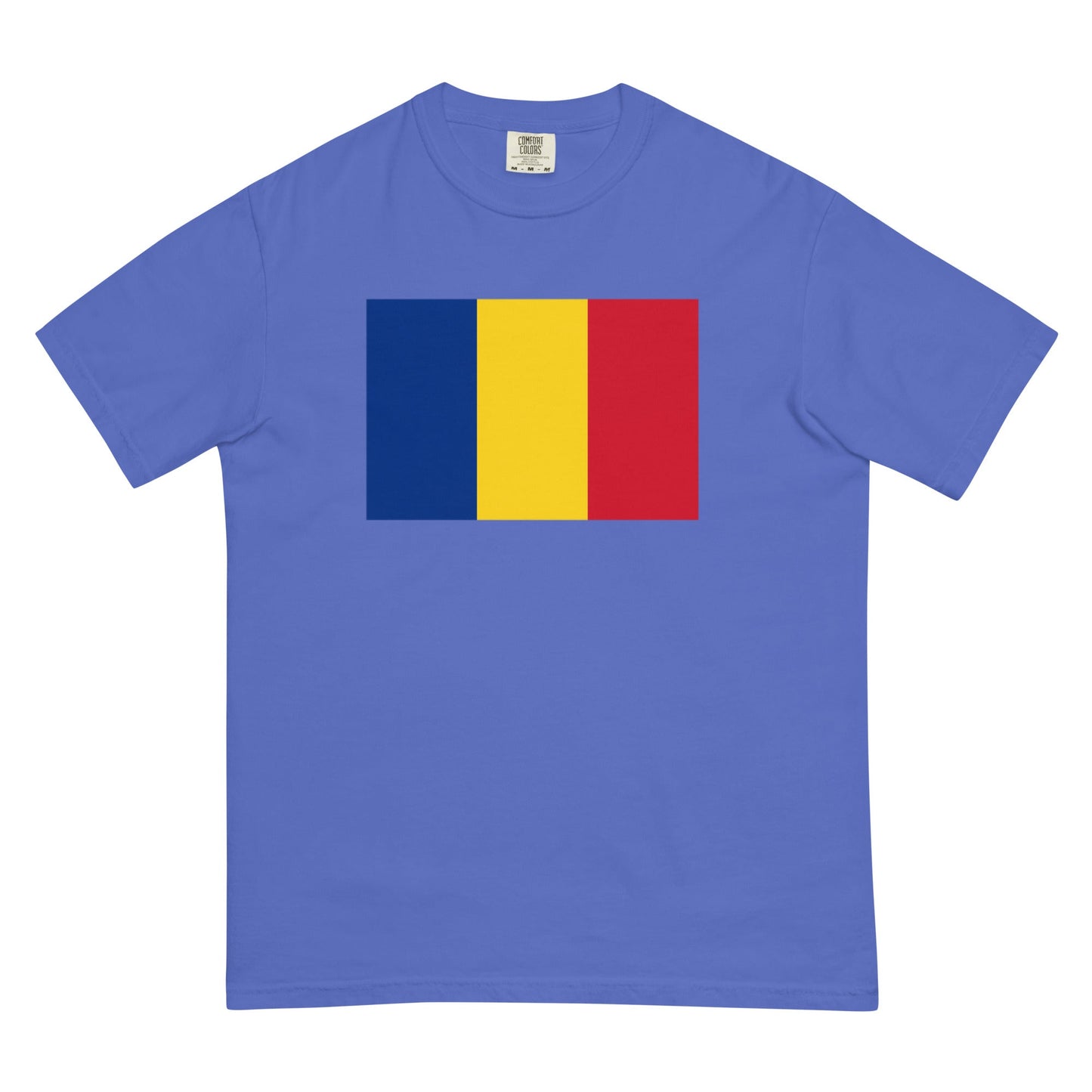 Flat lay of true navy Romania flag tee, extra large size
