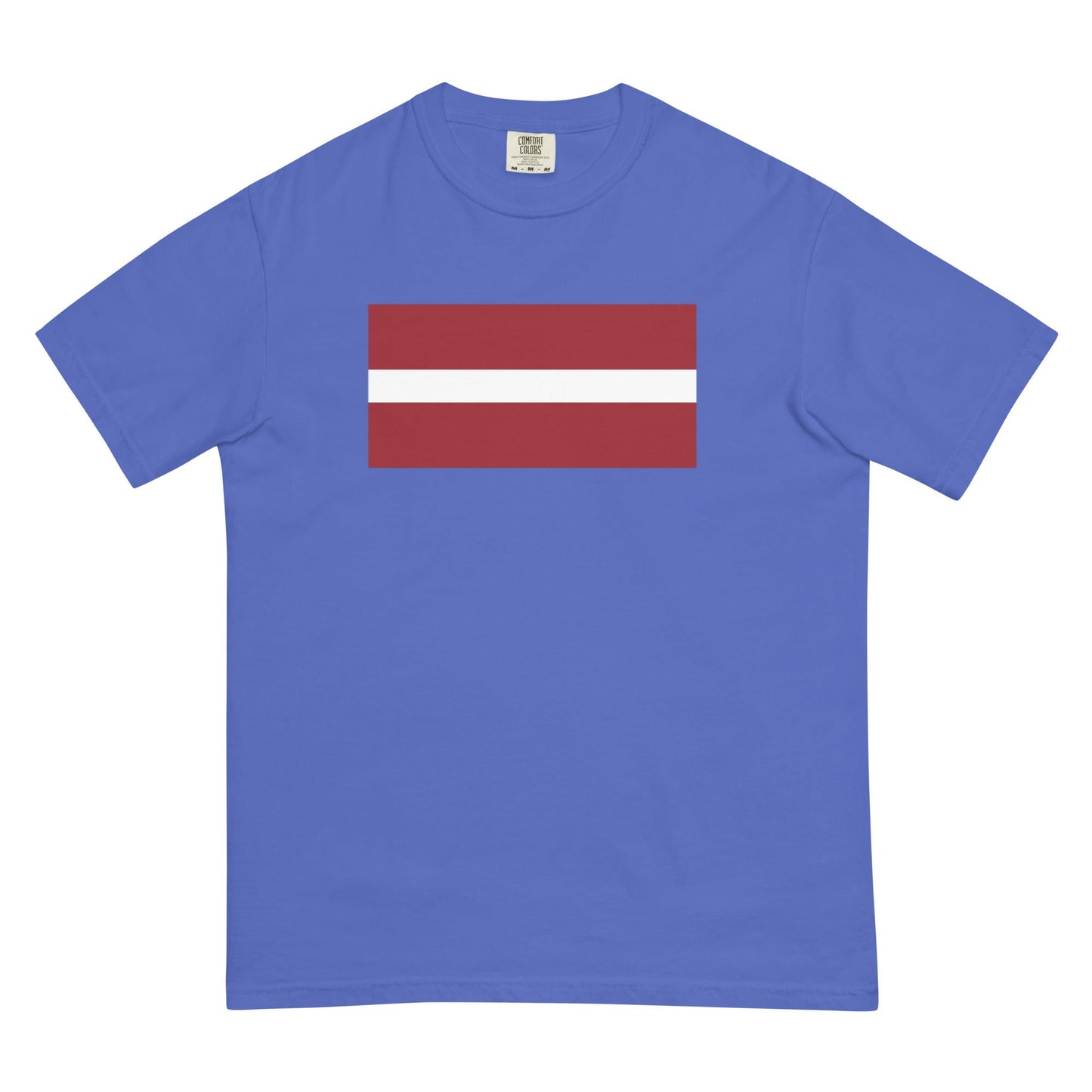 Flat lay of hemp Latvia flag tee, medium size