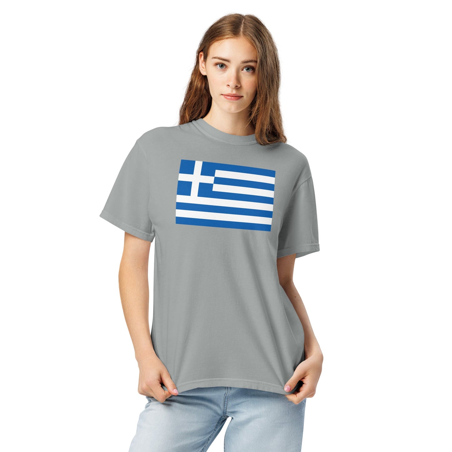 Stylish Greece flag t-shirt laid flat, 3X large, red