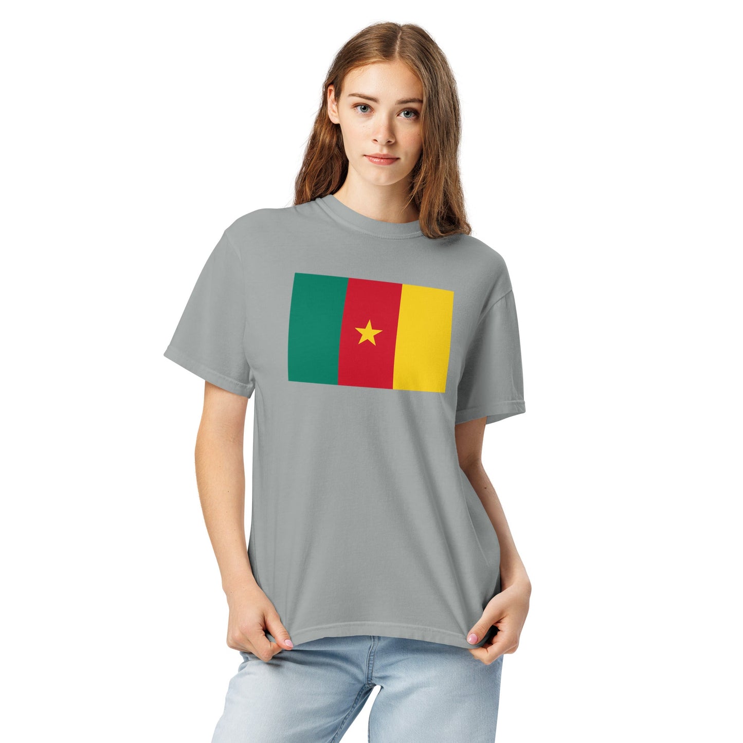 Flat lay of true navy Cameroon flag tee, medium size