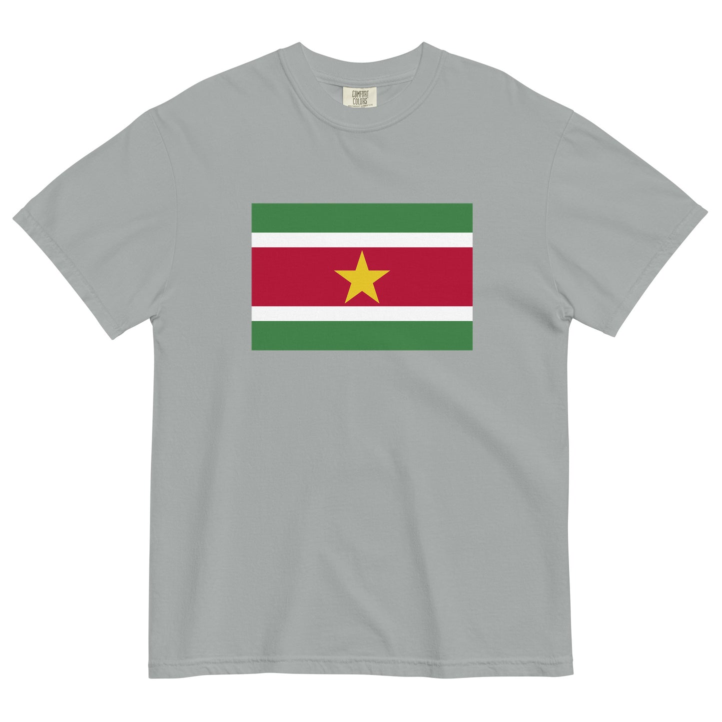 Stylish Suriname flag t-shirt laid flat, large, red