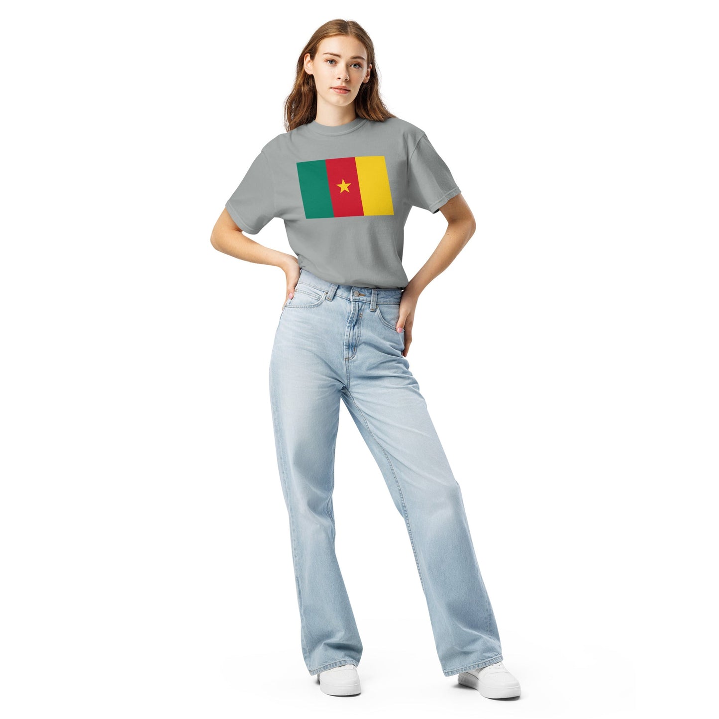 Stylish Cameroon flag t-shirt laid flat, small, true navy