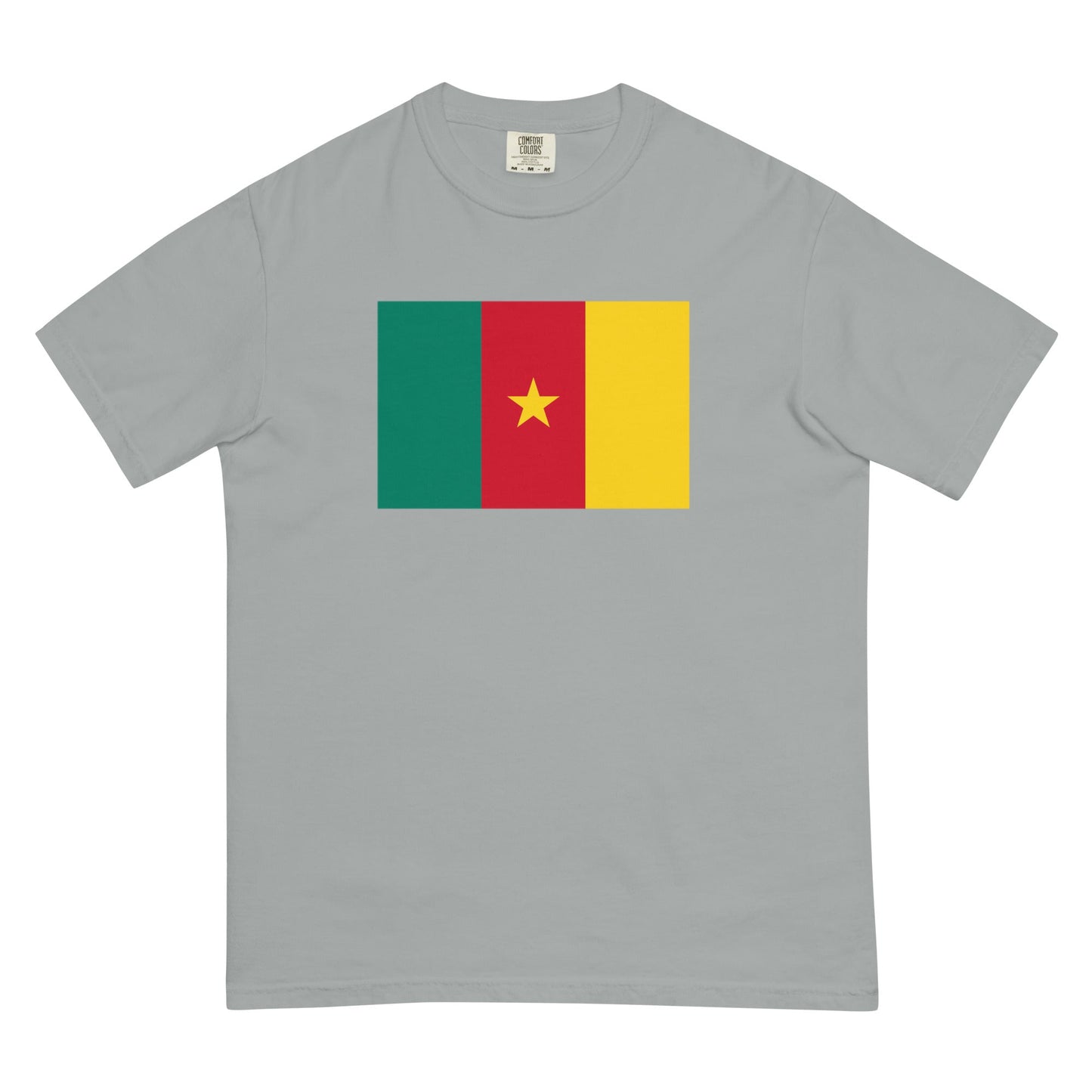 Stylish Cameroon flag t-shirt laid flat, small, black