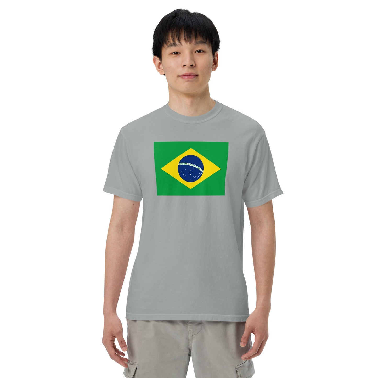Stylish Brazil flag t-shirt laid flat, medium, true navy