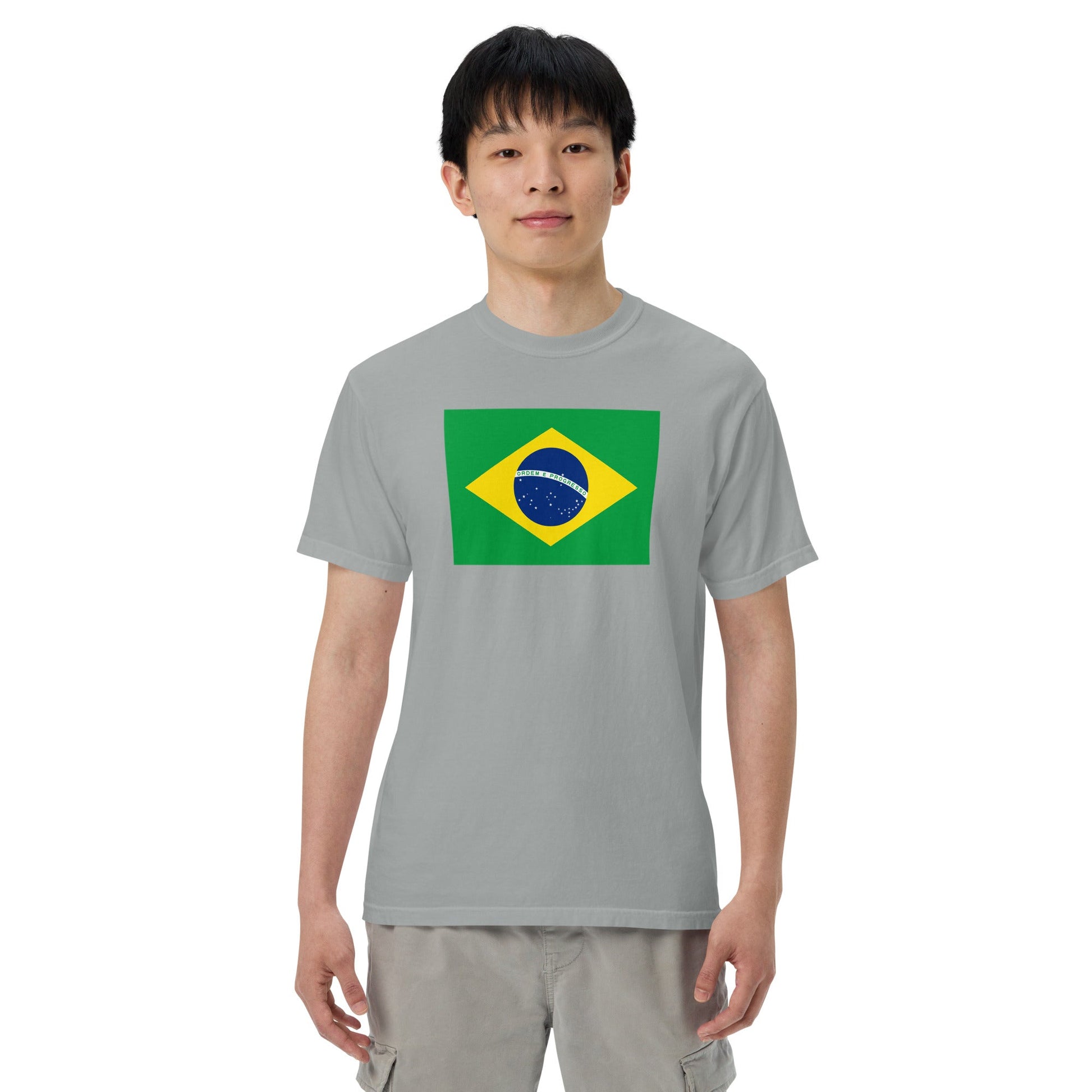 Stylish Brazil flag t-shirt laid flat, medium, true navy