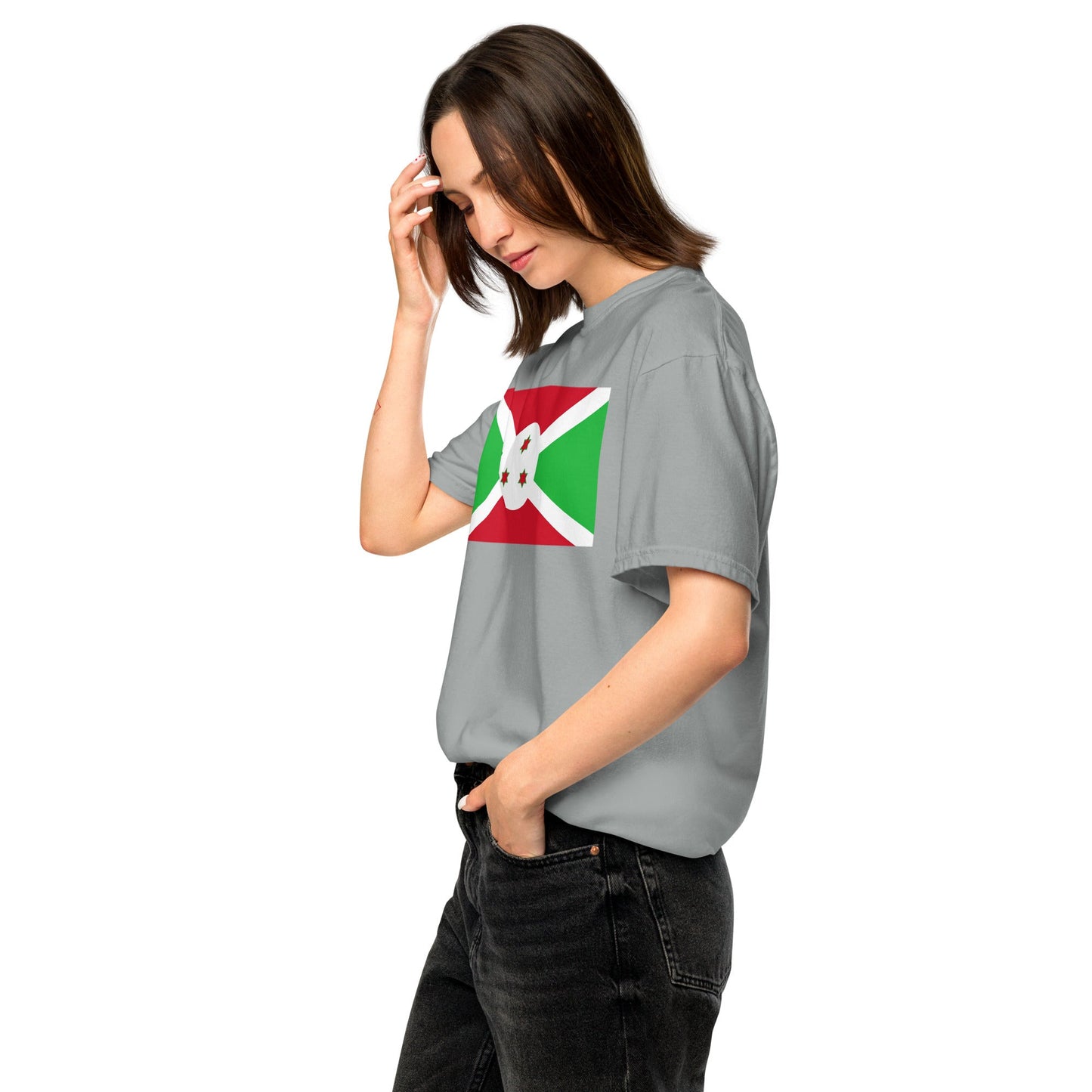 Stylish Burundi flag t-shirt laid flat, medium, true navy