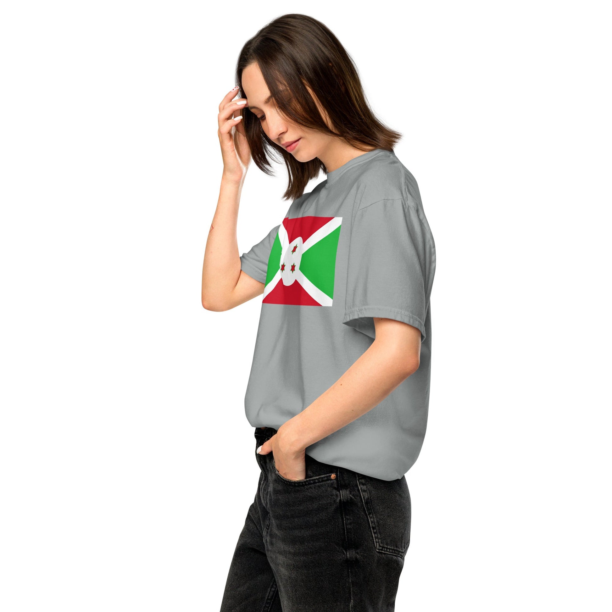Stylish Burundi flag t-shirt laid flat, medium, true navy