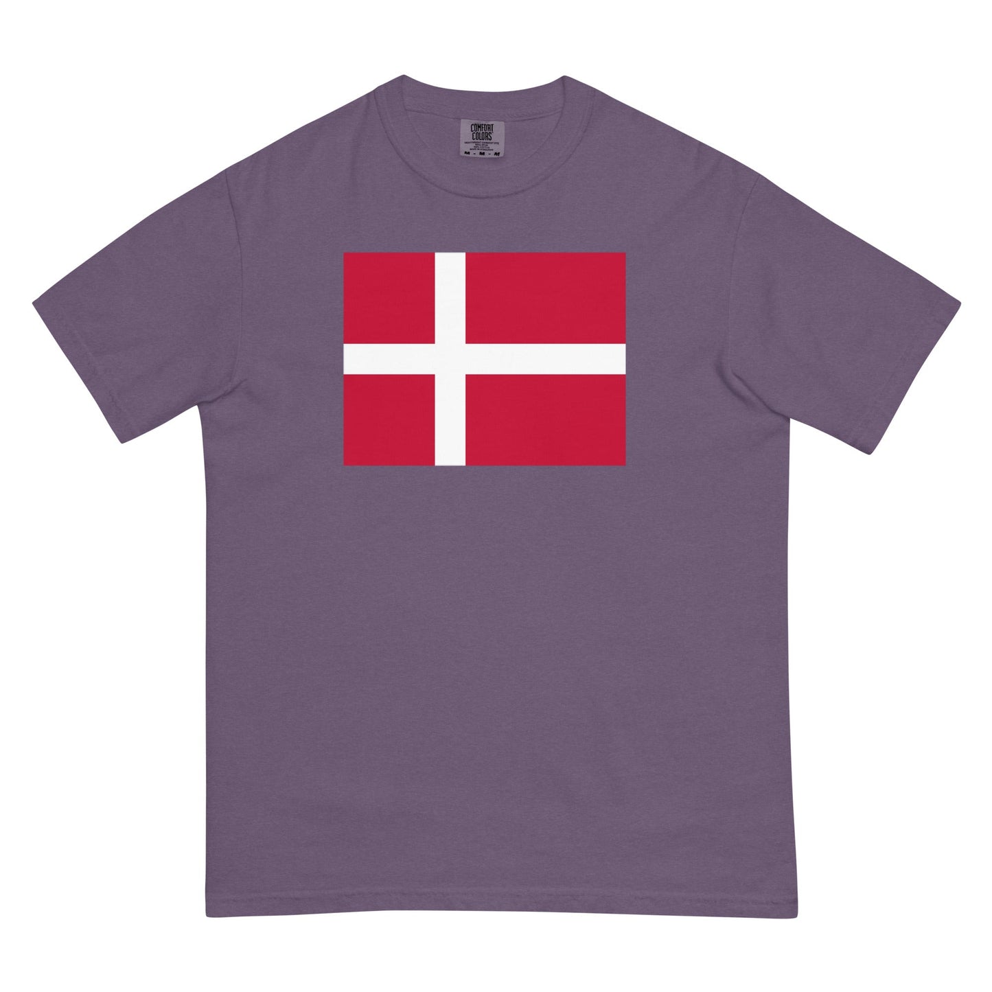 Stylish Denmark flag t-shirt laid flat, extra large, blue spruce