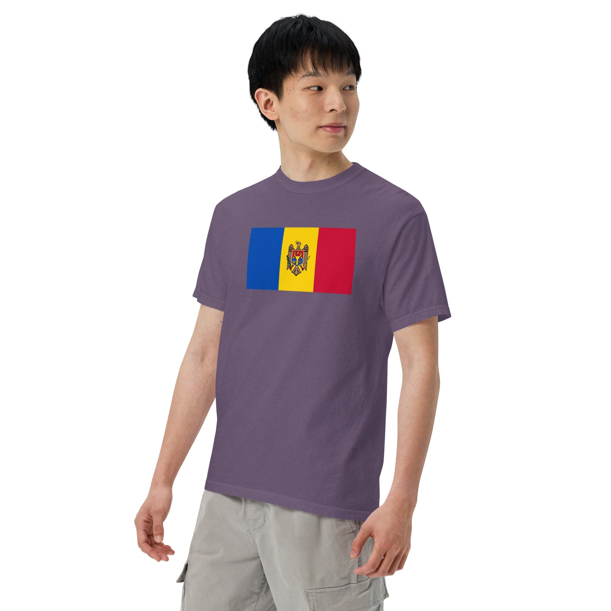 Stylish Moldova flag t-shirt laid flat, large, black