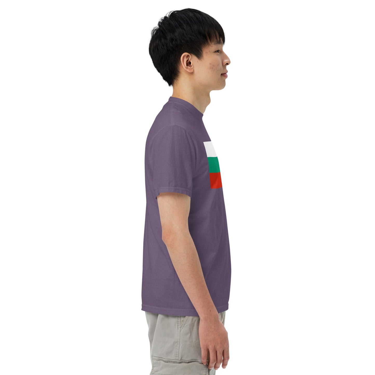 Stylish Bulgaria flag t-shirt laid flat, large, black