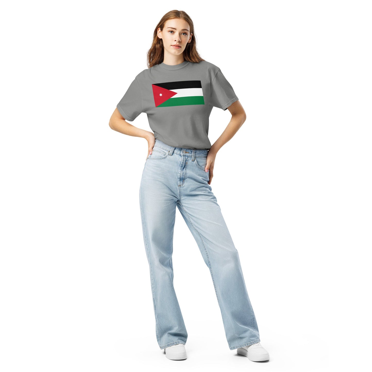 Flat lay of red Jordan flag tee, small size