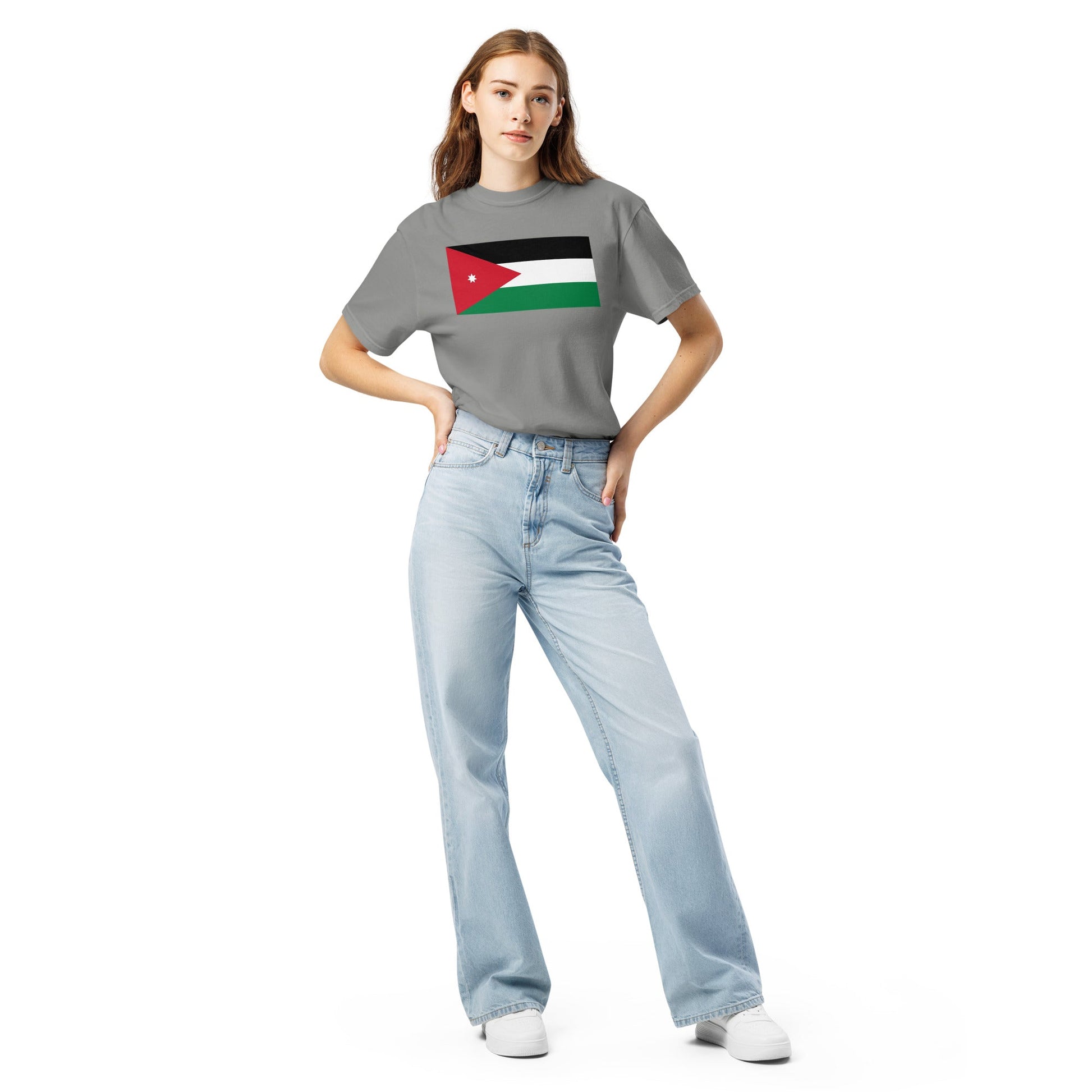 Flat lay of red Jordan flag tee, small size
