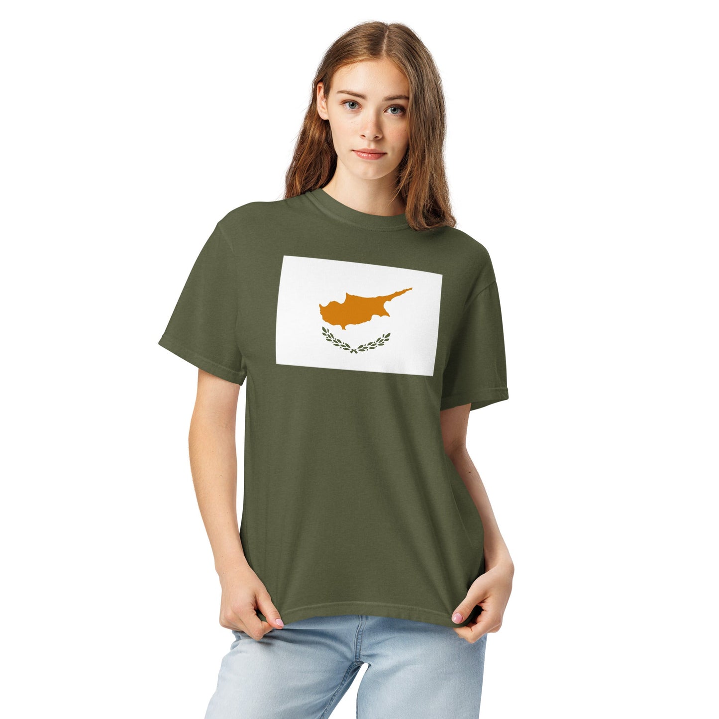 Stylish Cyprus flag t-shirt laid flat, small, red