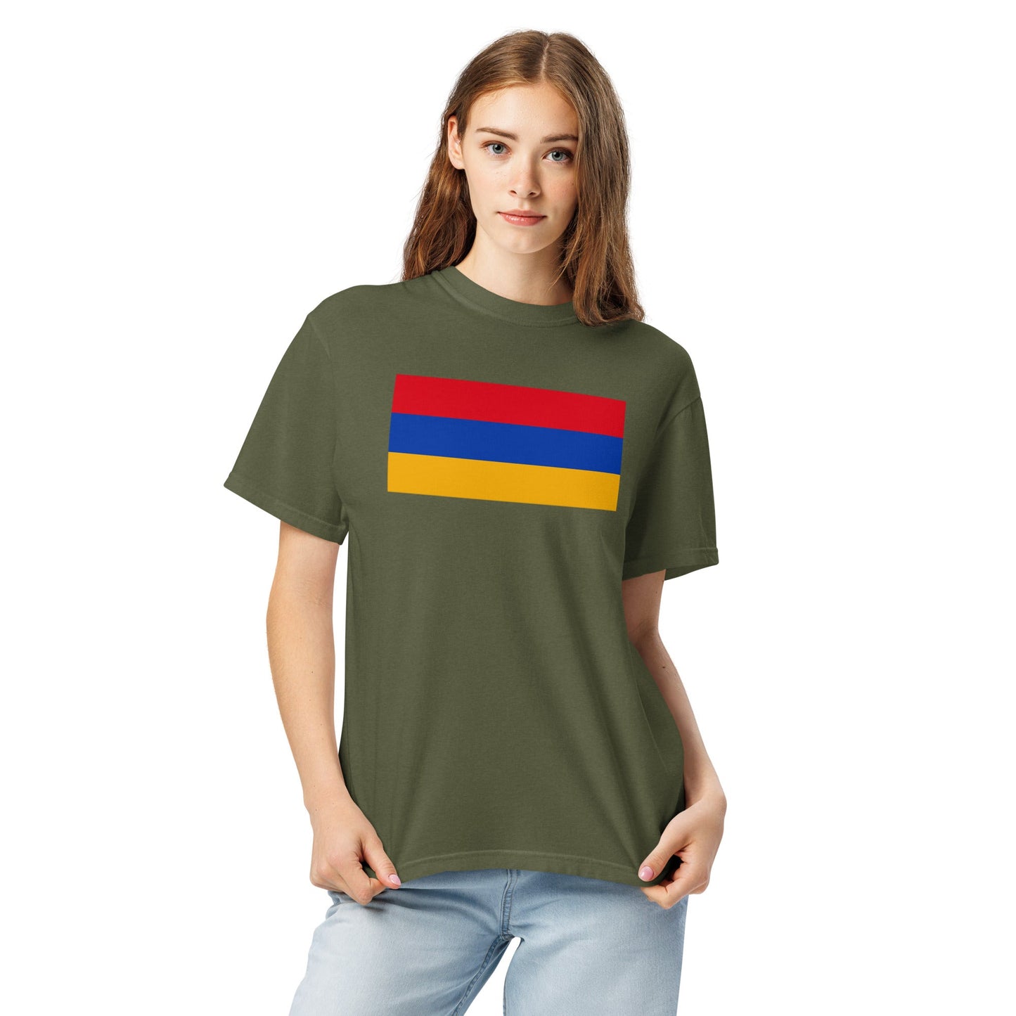 Stylish Armenia flag t-shirt laid flat, medium, black