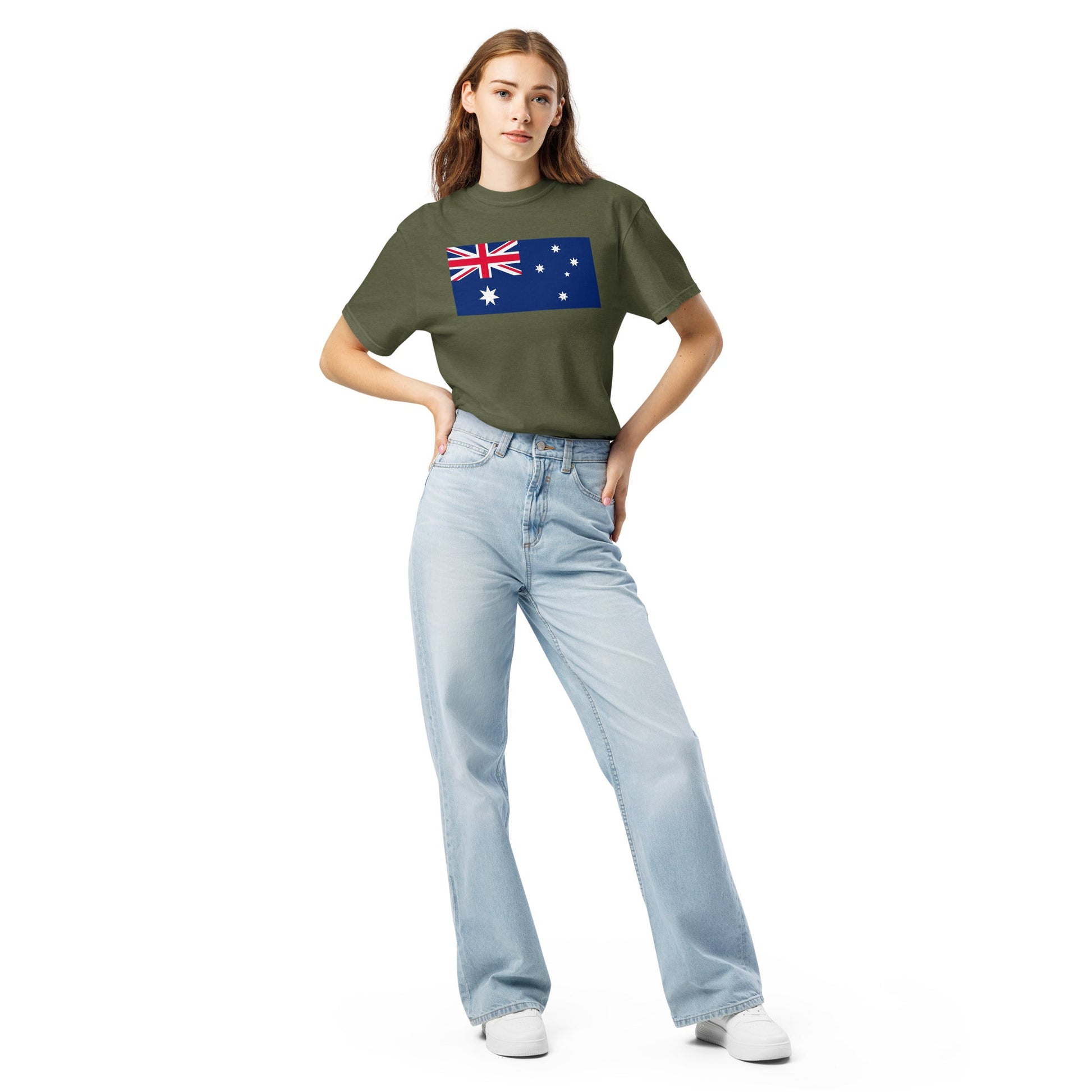 Flat lay of navy Australia flag tee, medium size