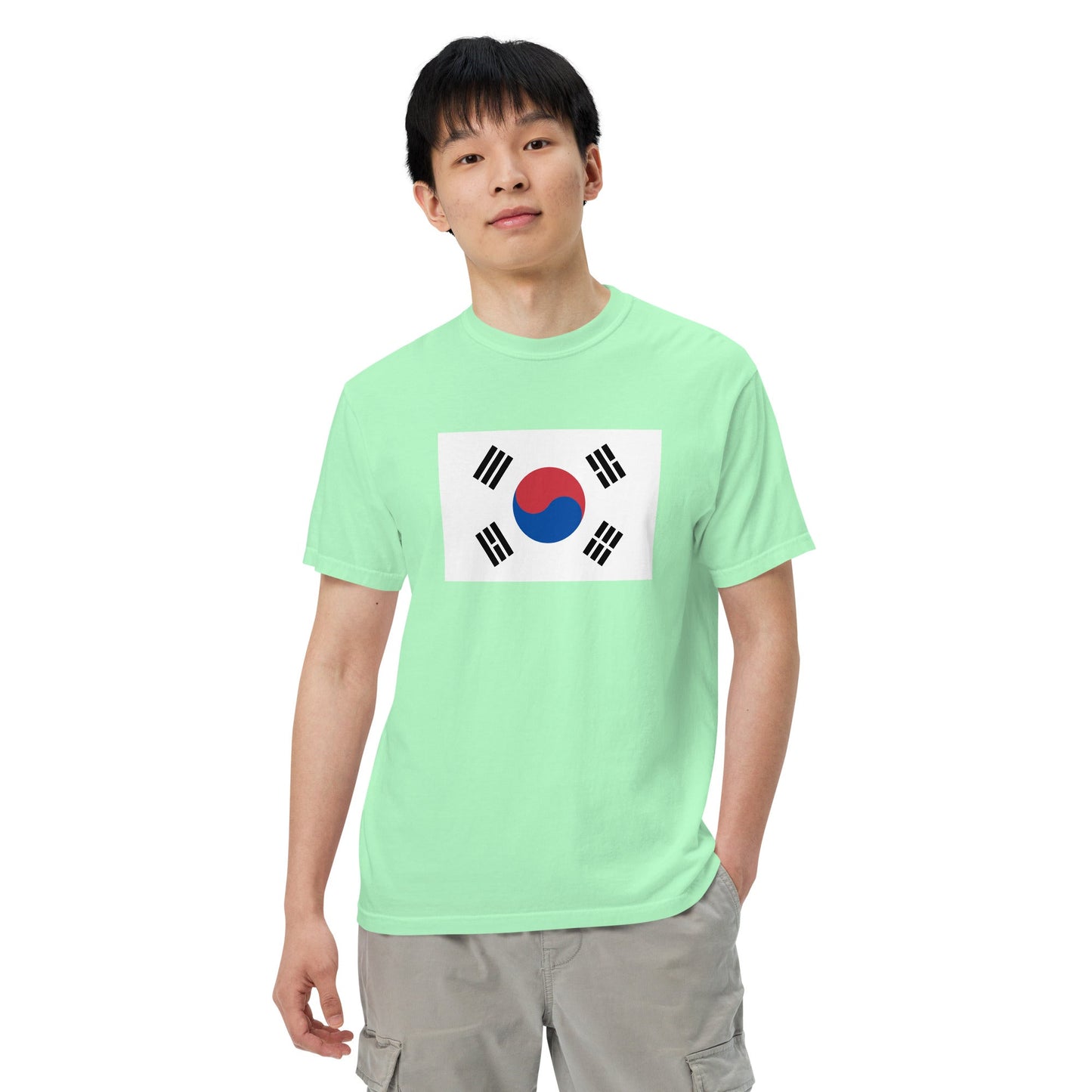 Stylish South Korea flag t-shirt laid flat, small, blue jean