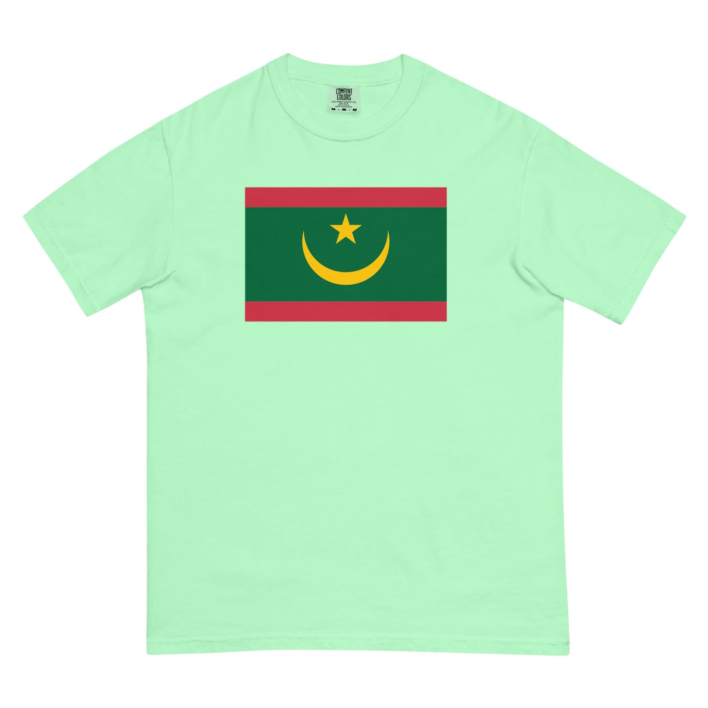 Stylish Mauritania flag t-shirt laid flat, medium, denim