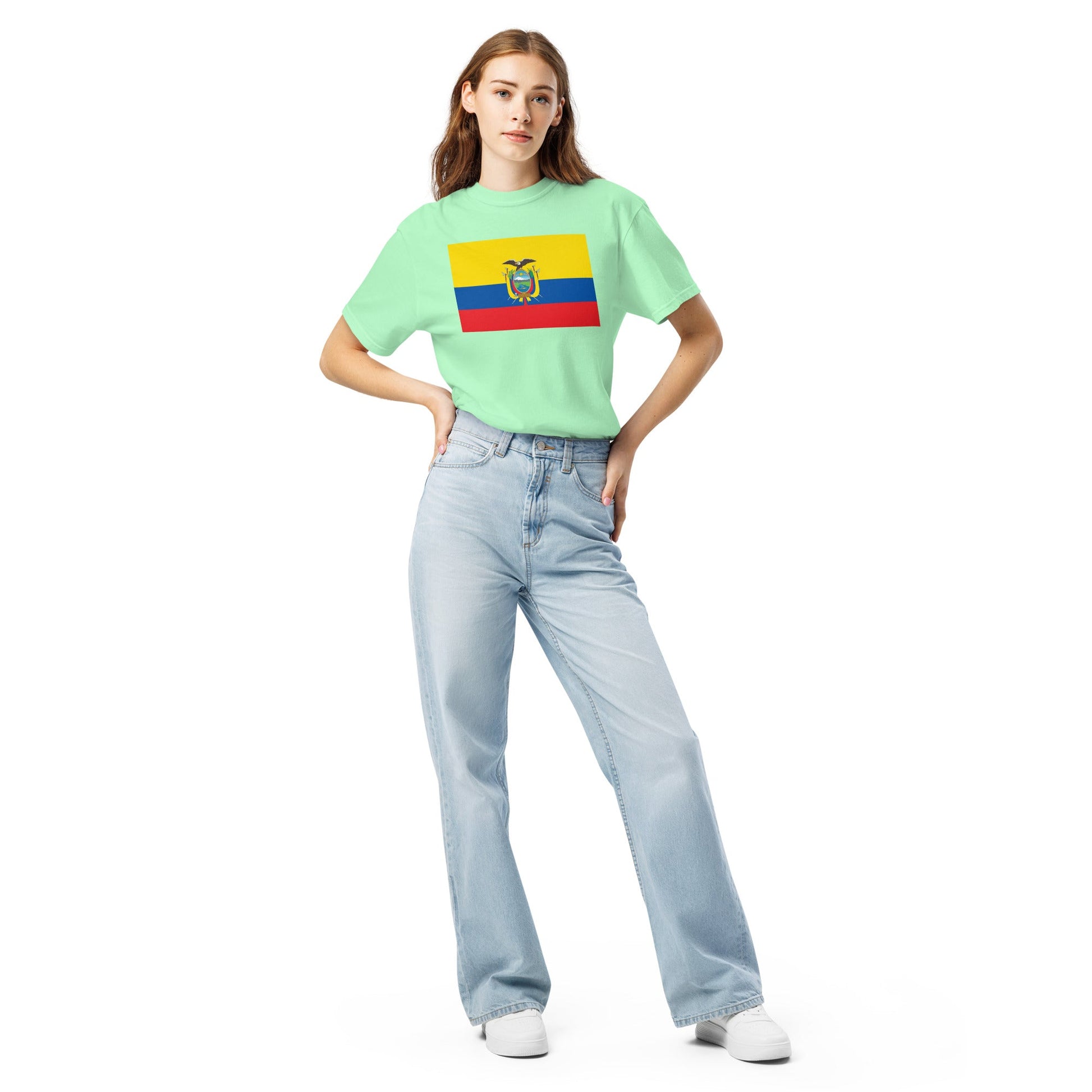 Flat lay of berry Ecuador flag tee, medium size