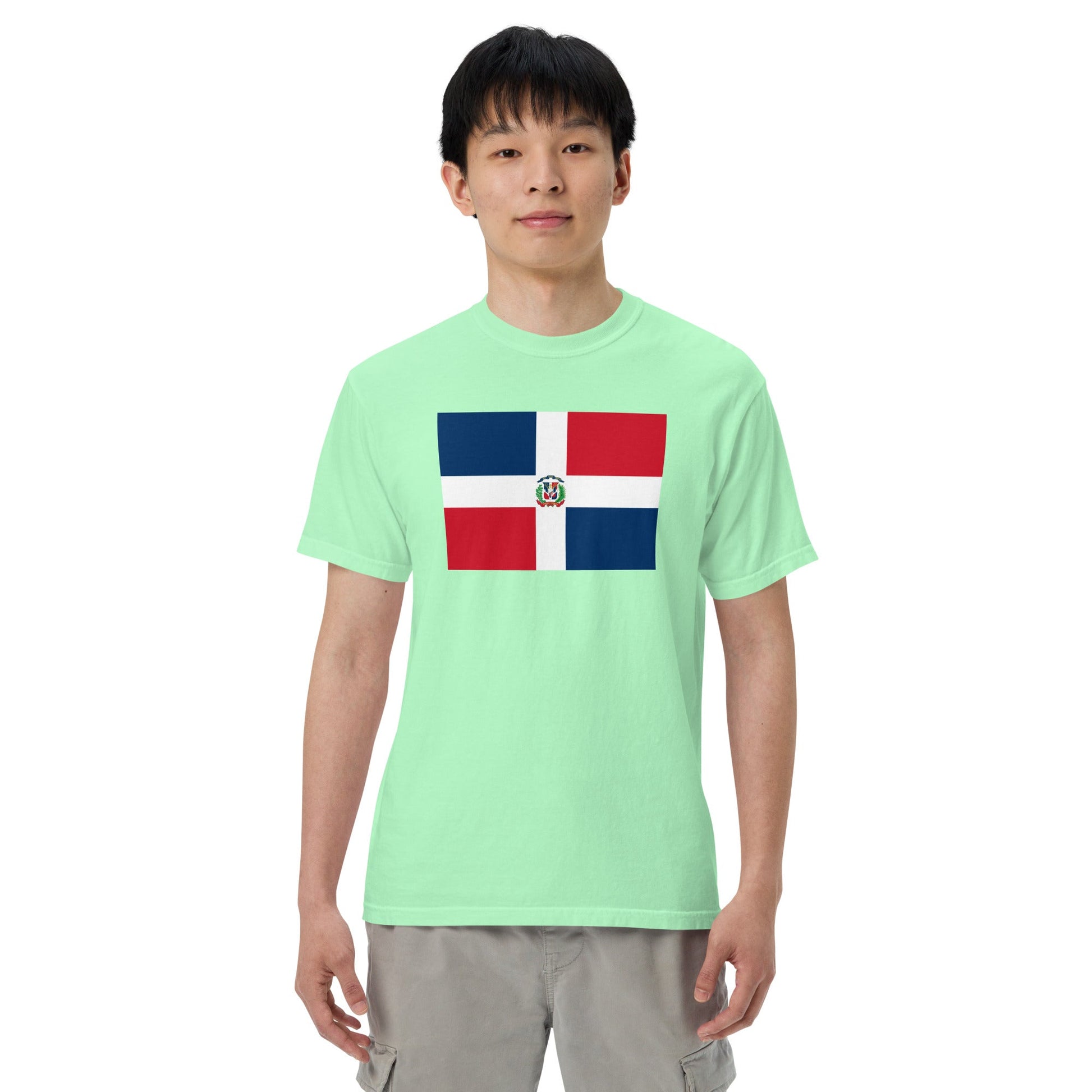 Stylish Dominican Republic flag t-shirt laid flat, extra large, red