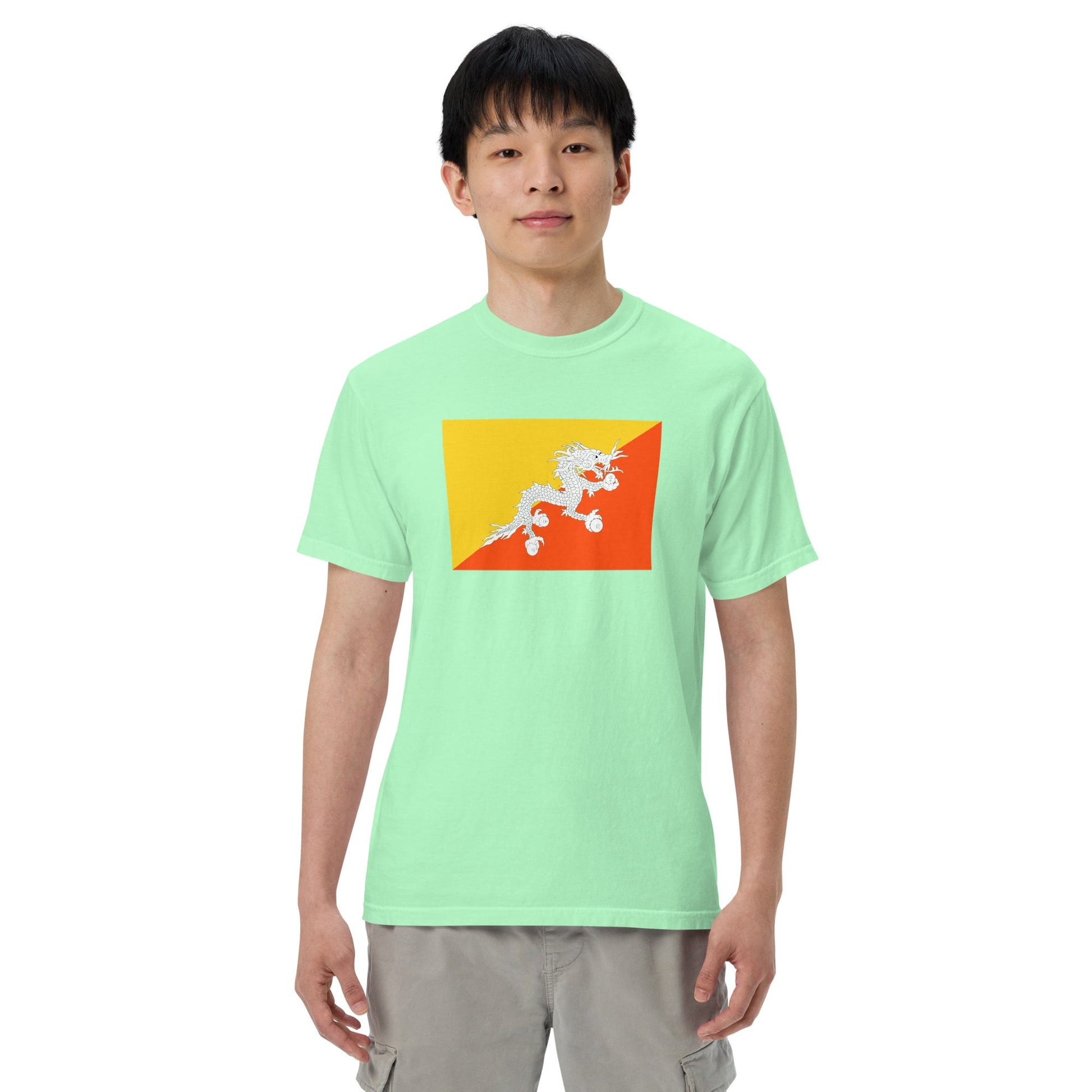 Stylish Bhutan flag t-shirt laid flat, 4X large, true navy