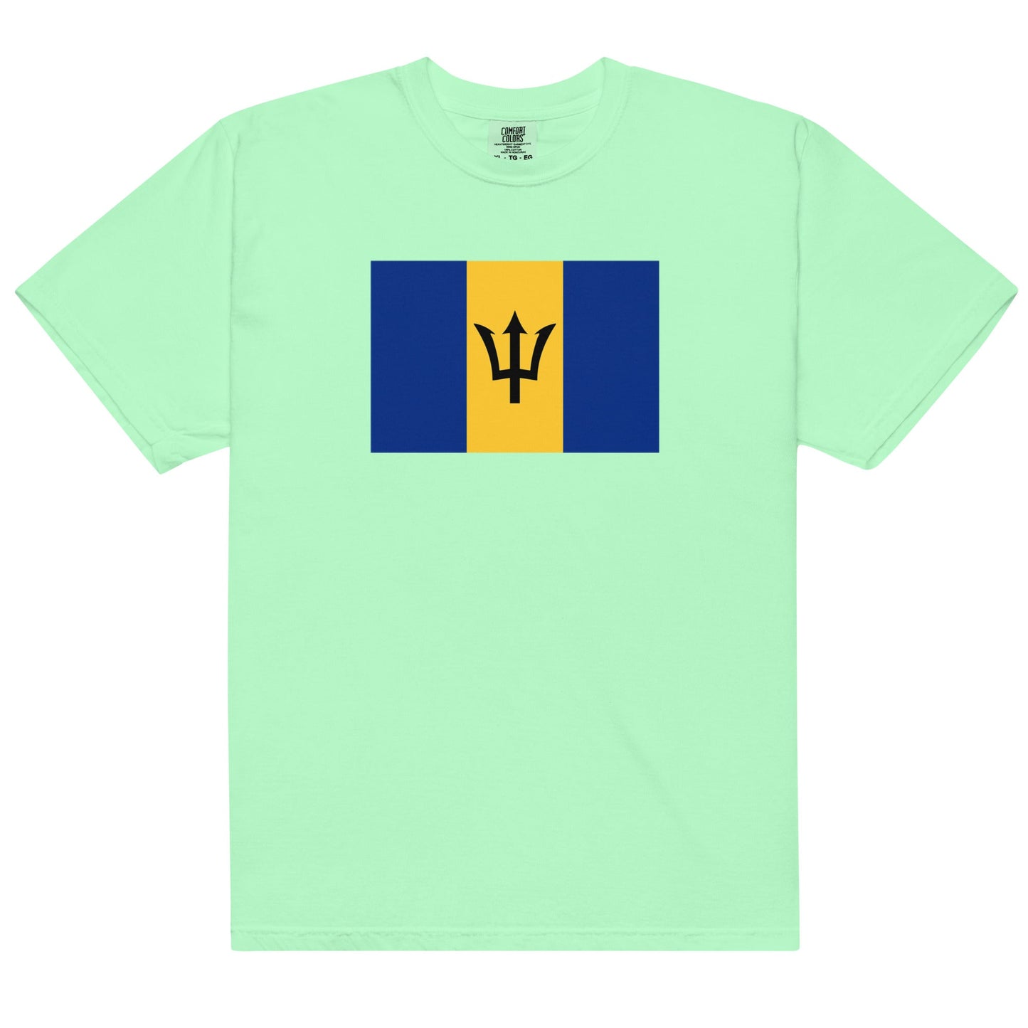 Stylish Barbados flag t-shirt laid flat, small, navy