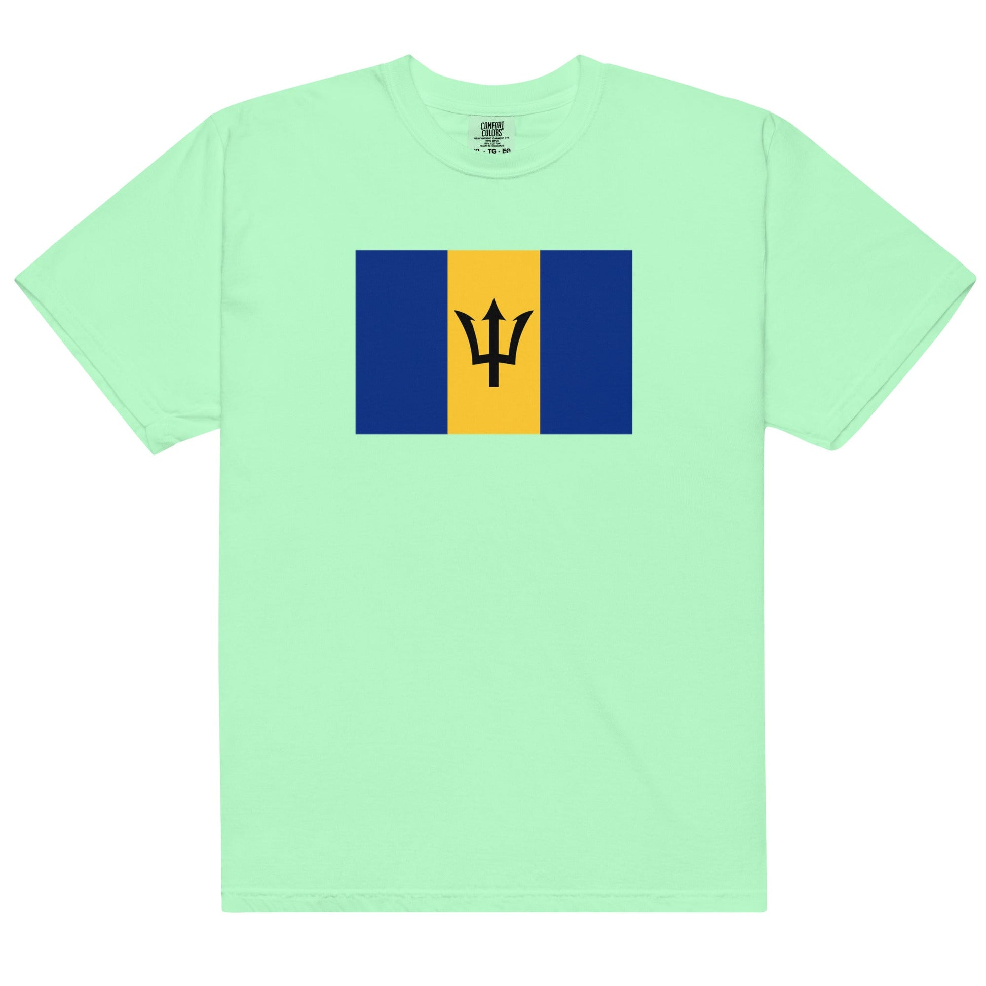 Stylish Barbados flag t-shirt laid flat, small, navy