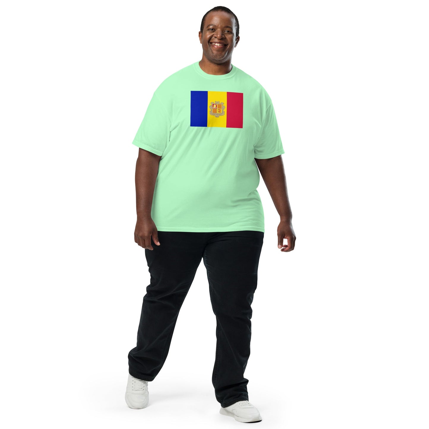 Stylish Andorra flag t-shirt laid flat, small, espresso