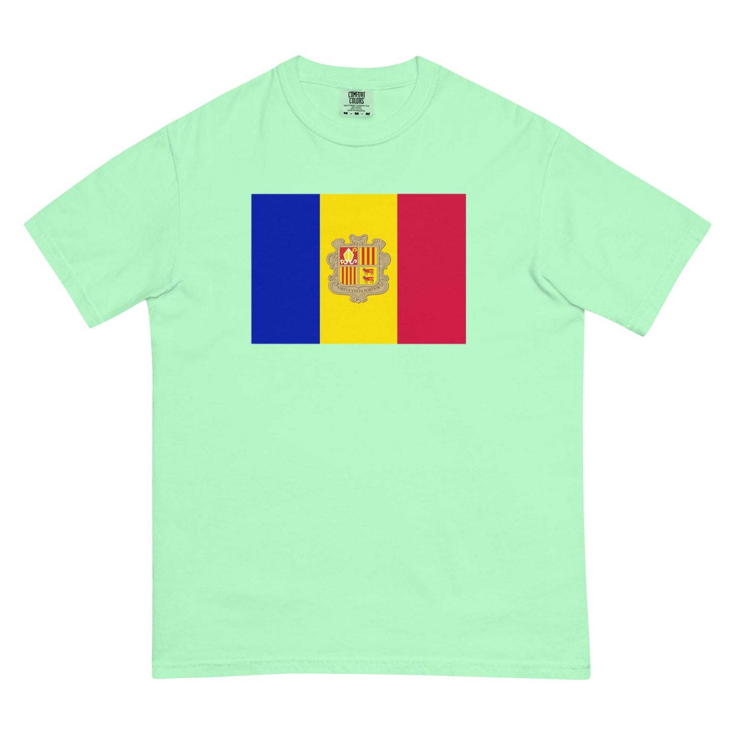 Flat lay of yam Andorra flag tee, 4X large size