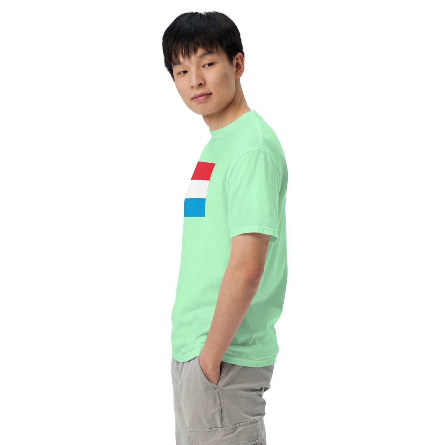 Flat lay of true navy Luxembourg flag tee, 2X large size