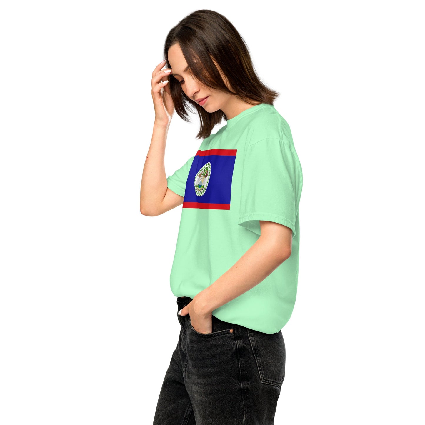 Stylish Belize flag t-shirt laid flat, 4X large, grape